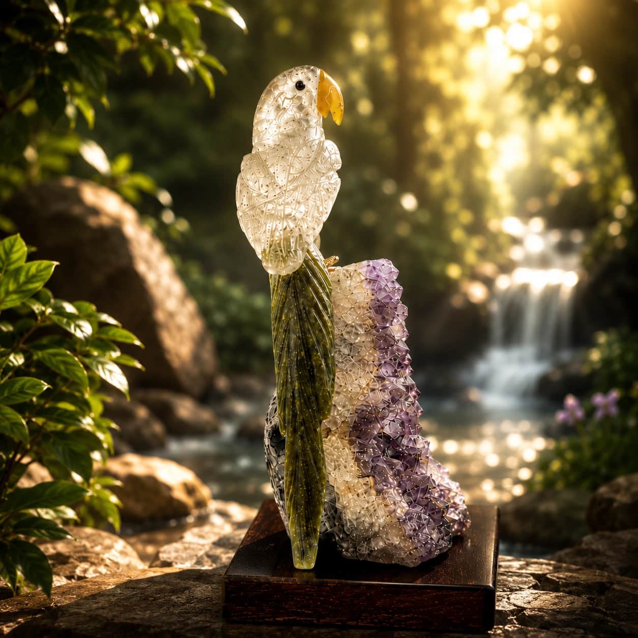 Natural Clear Quartz Parrot on Amethyst Crystal Base Hand Carved Gemstone Bird Statue 1