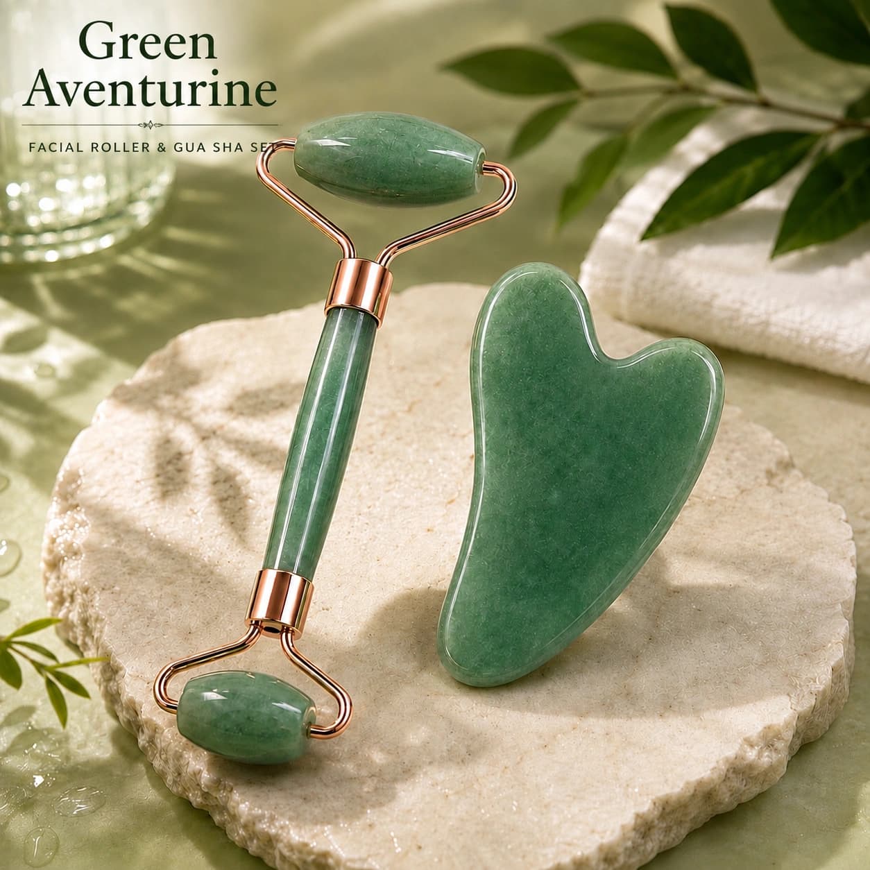 Natural Crystal Facial Roller & Gua Sha Set – Dual-Ended Face Roller with Rose-Gold Frame + Heart-Shaped Gua Sha Stone | Available in Rose Quartz, Clear Quartz & Green Aventurine