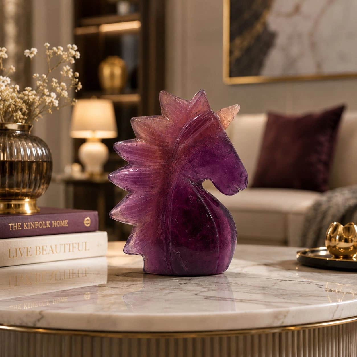 Natural Crystal Horse Sculpture | Hand Carved Green Fluorite & Amethyst Horse Figurine | Premium Stone Home Decor Gift 1