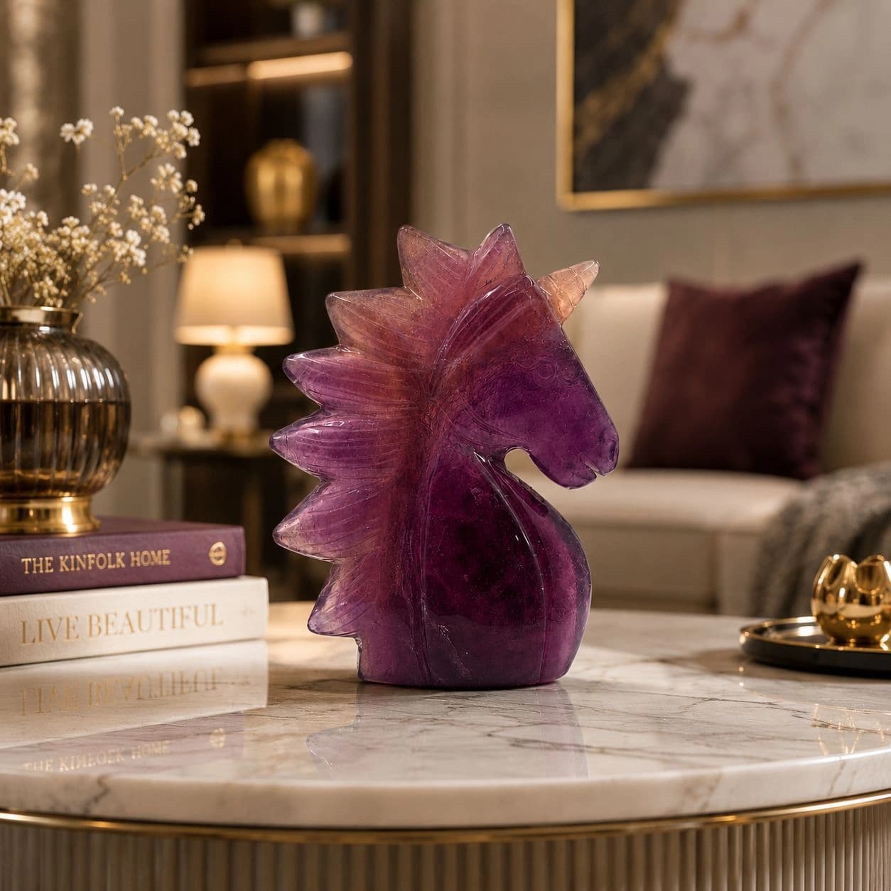 Natural Crystal Horse Sculpture | Hand Carved Green Fluorite & Amethyst Horse Figurine | Premium Stone Home Decor Gift