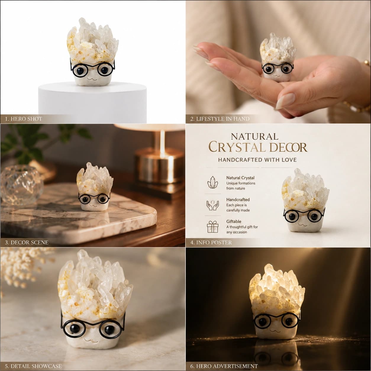 Natural Crystal Mini Character Decor Figurines – Handcrafted Crystal Cluster Desk Collectibles with Cute Face Design