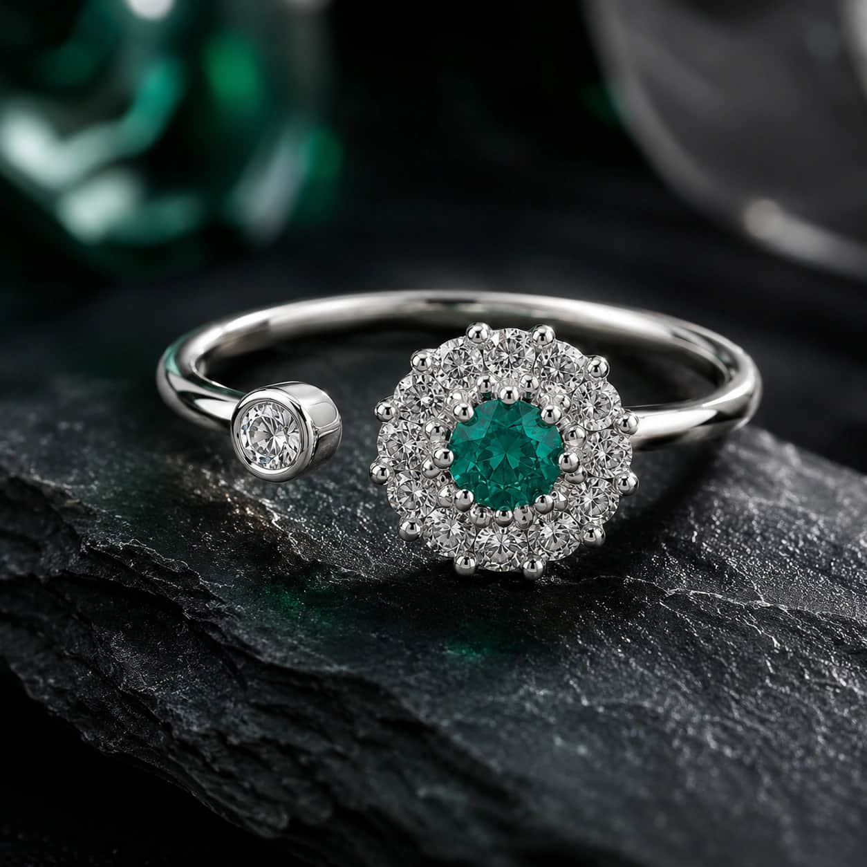 Natural Emerald Halo Ring – Sterling Silver Tone Adjustable Ring for Women 1