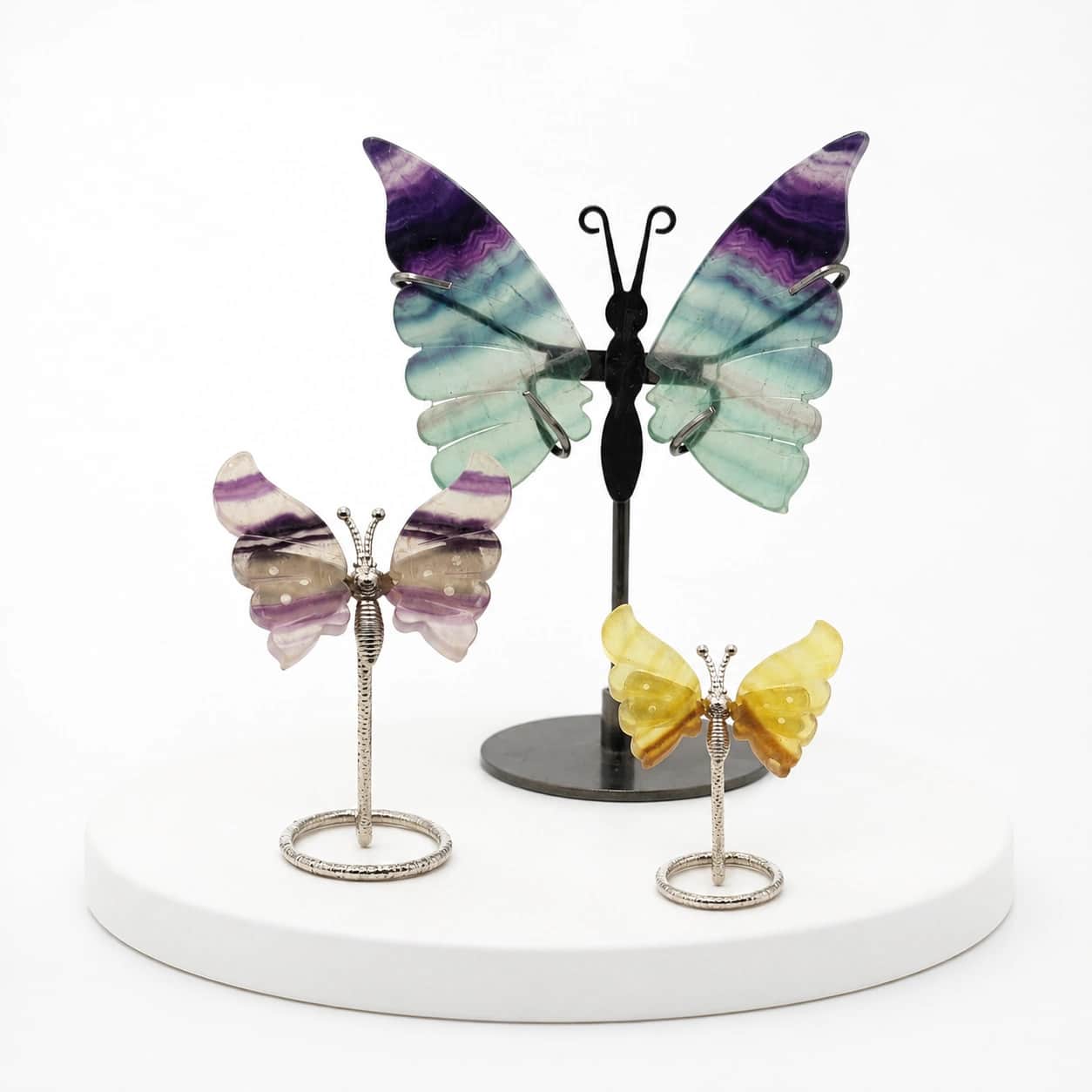 Natural Fluorite Butterfly Decor Collection – Handcrafted Stone Butterfly Figurines with Metal Stand 2
