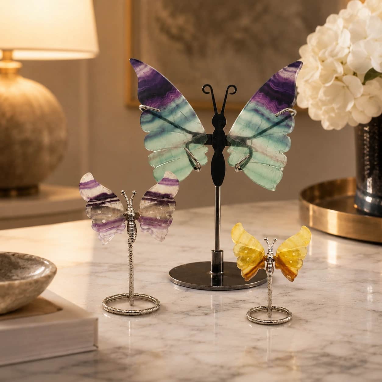 Natural Fluorite Butterfly Decor Collection – Handcrafted Stone Butterfly Figurines with Metal Stand 1