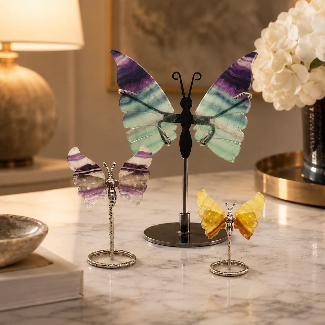 Natural Fluorite Butterfly Decor Collection – Handcrafted Stone Butterfly Figurines with Metal Stand