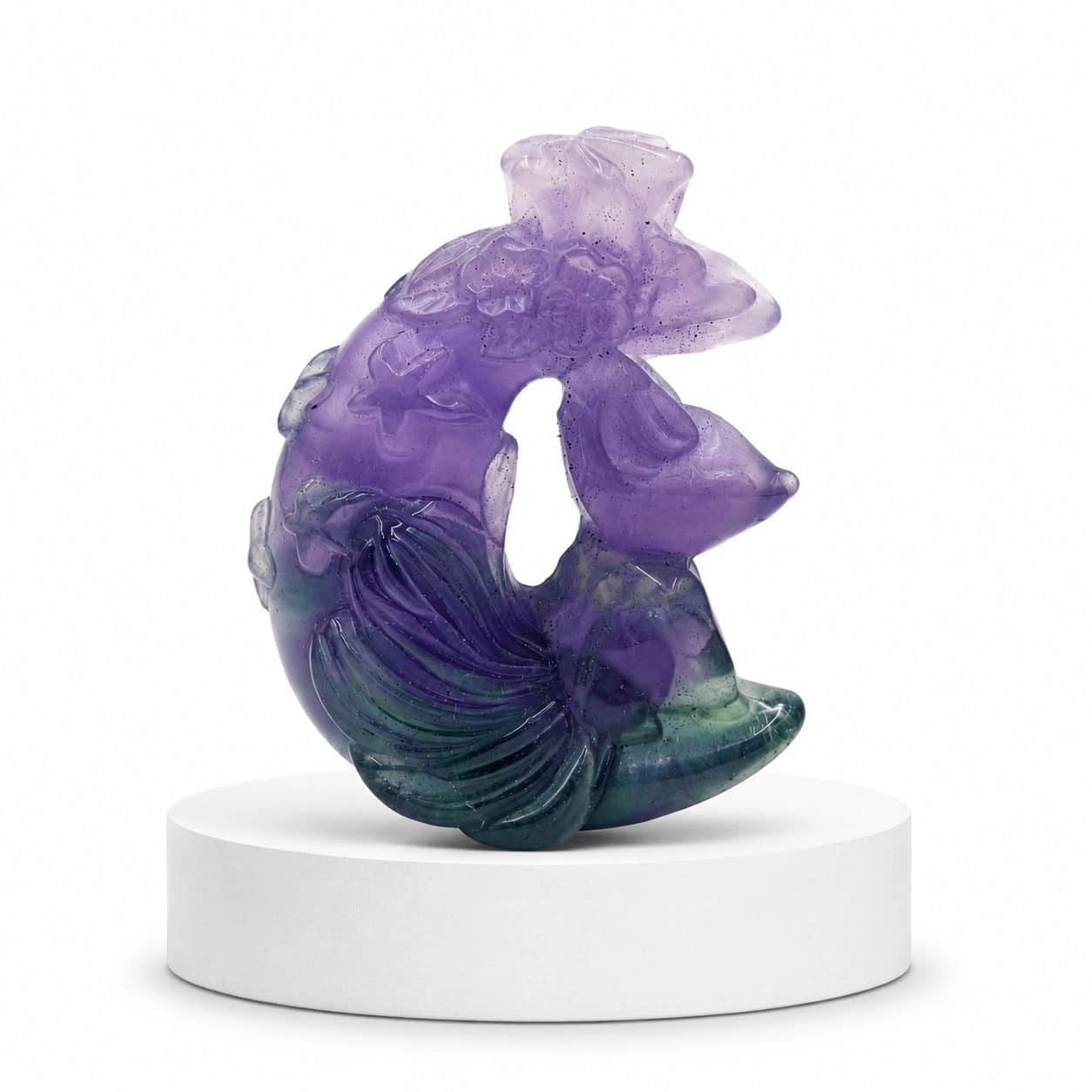 Natural Fluorite Flower Moon Carving | Hand Carved Crystal Moon Figurine | Electric Glowing Gemstone Decor 2