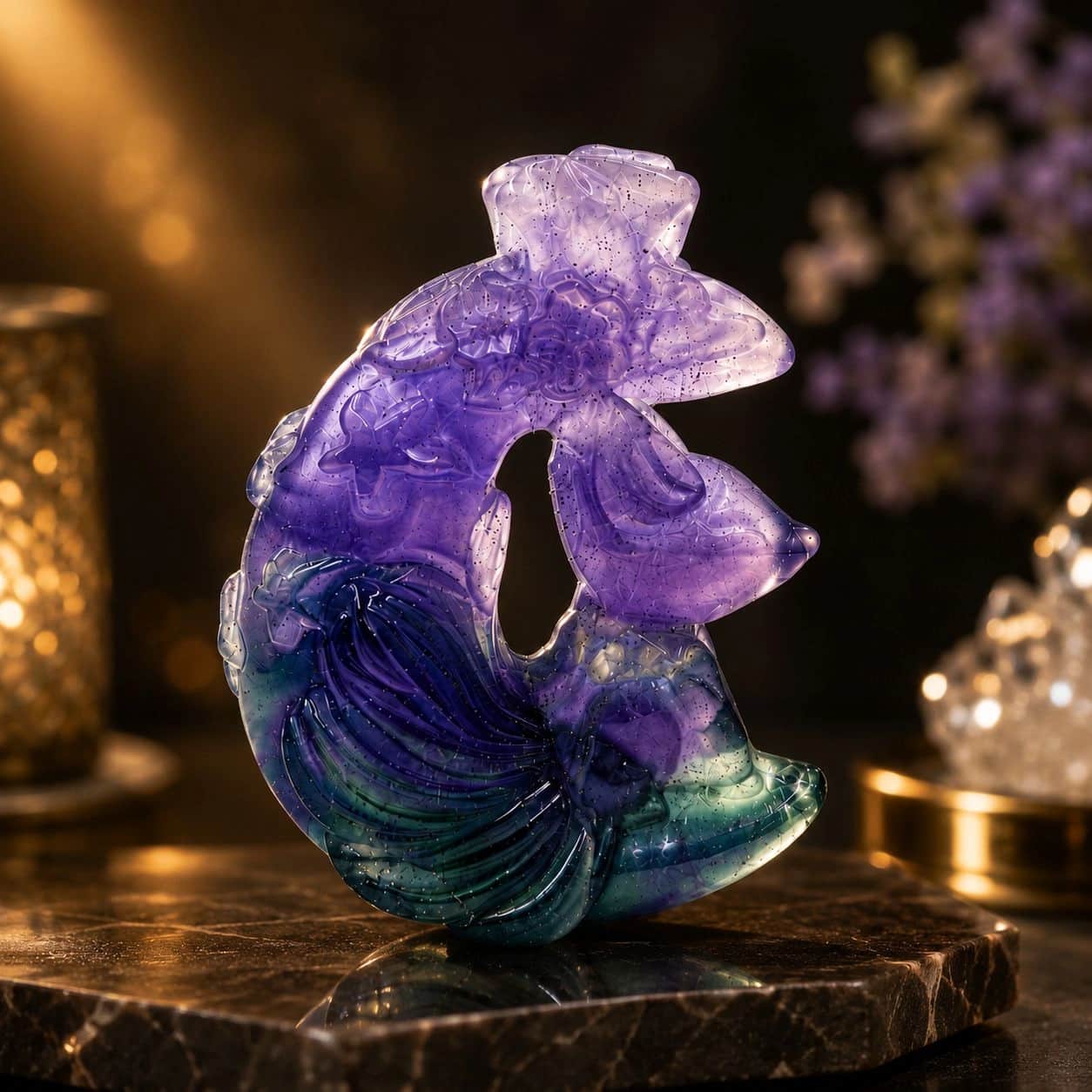 Natural Fluorite Flower Moon Carving | Hand Carved Crystal Moon Figurine | Electric Glowing Gemstone Decor 1
