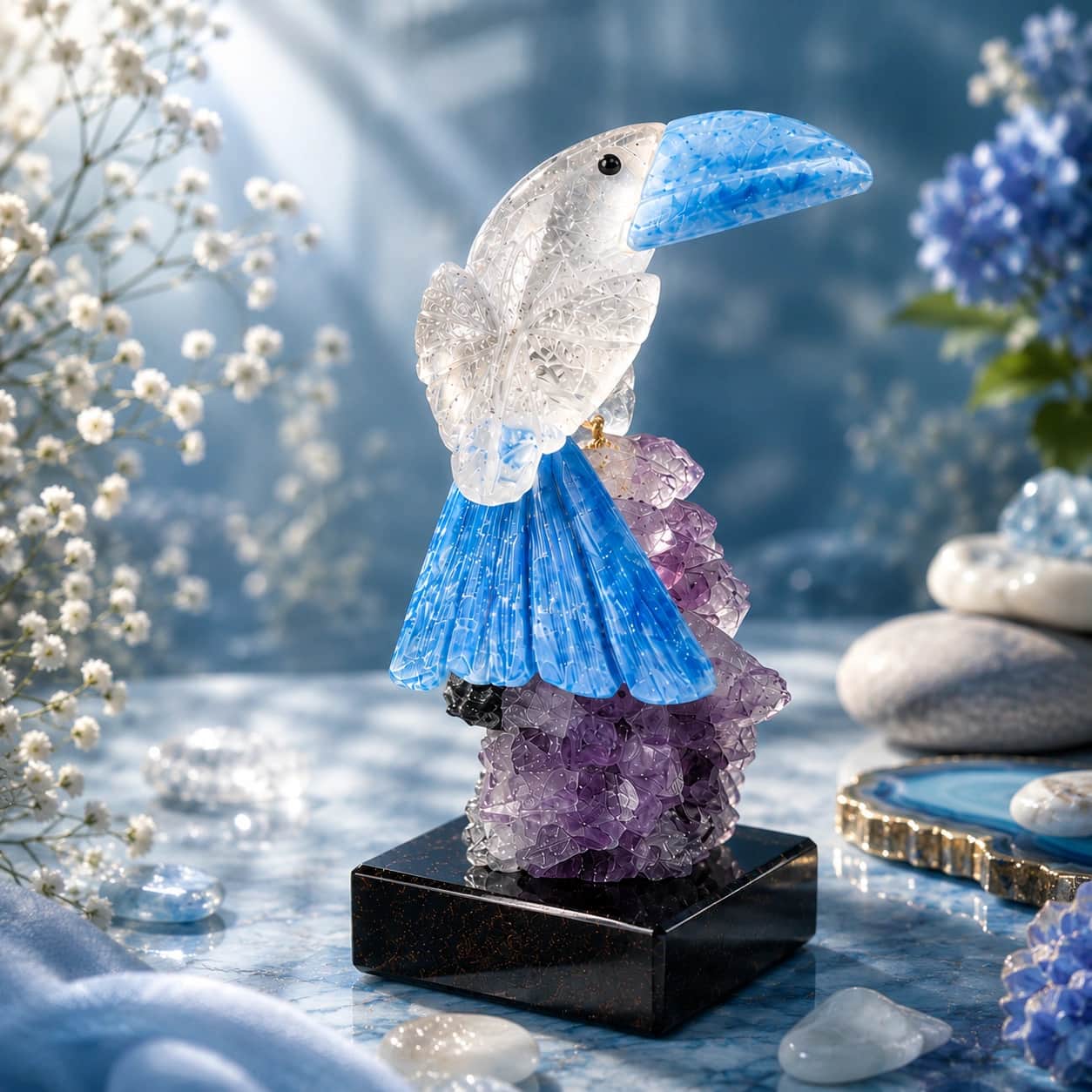 Natural Gemstone Blue Parrot on Amethyst Geode Base 1