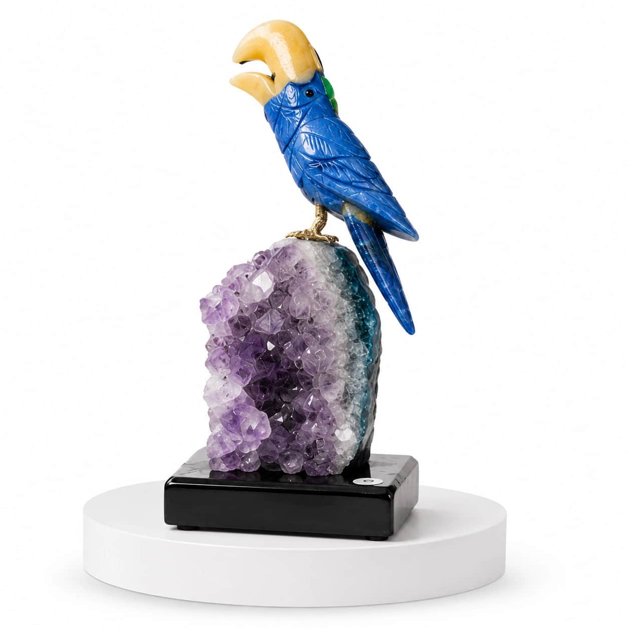 Natural Gemstone Blue Parrot Sculpture on Amethyst Geode Base 2
