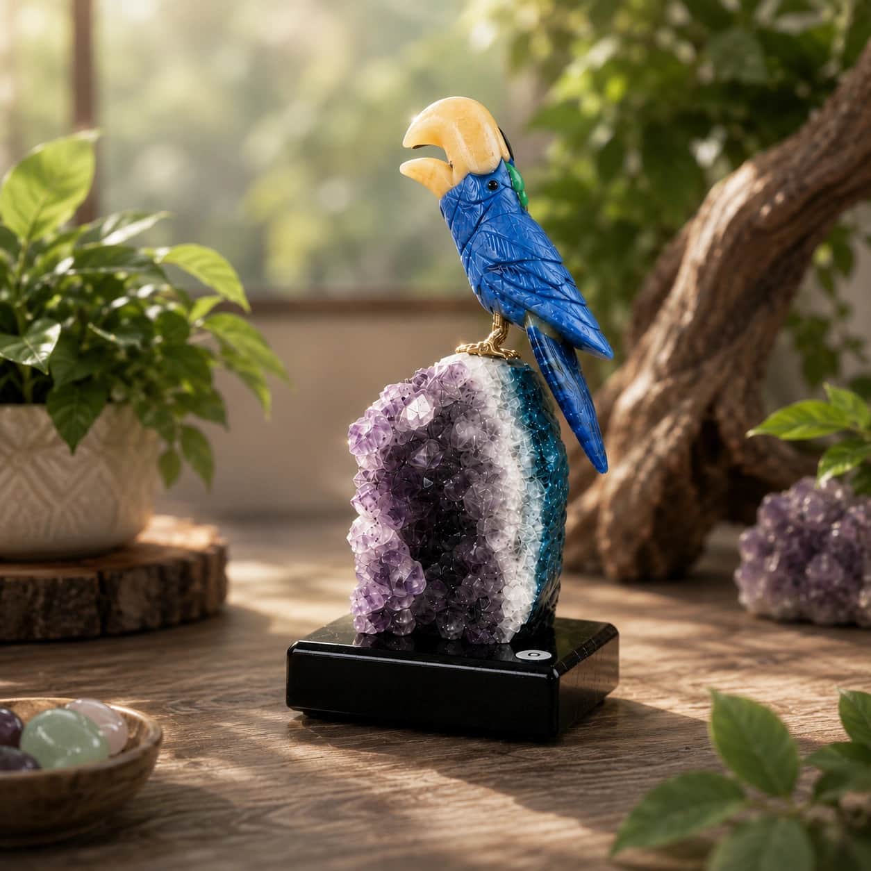 Natural Gemstone Blue Parrot Sculpture on Amethyst Geode Base 1