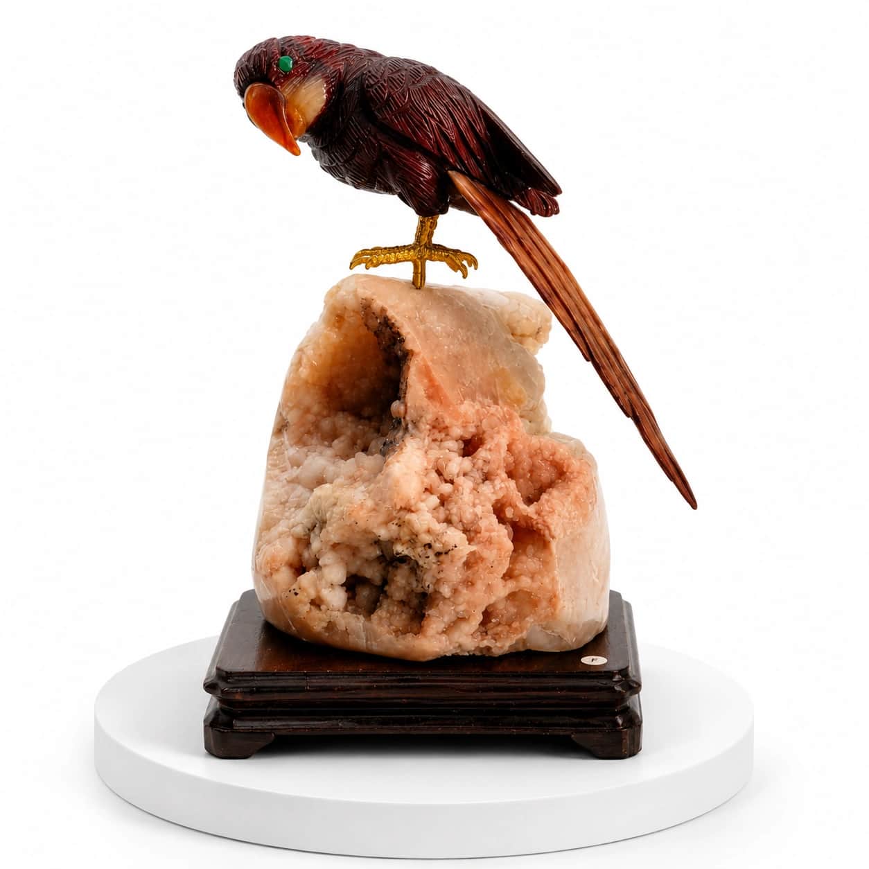 Natural Gemstone Parrot Sculpture on Pink Amethyst Geode Base 2