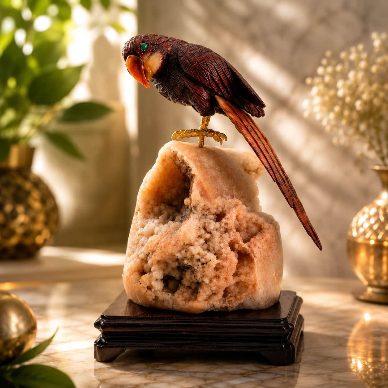 Natural Gemstone Parrot Sculpture on Pink Amethyst Geode Base 1