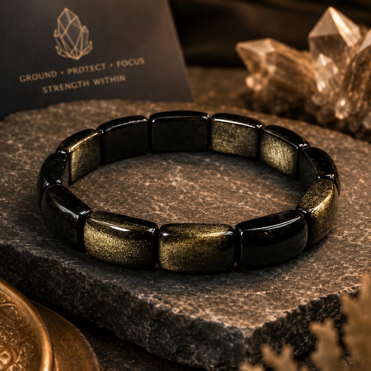 Natural Golden Sheen Obsidian Bracelet - Tile Bead Stretch Bracelet for Protection, Grounding, Focus & Inner Strength | Premium Healing Crystal Jewellery | Unisex