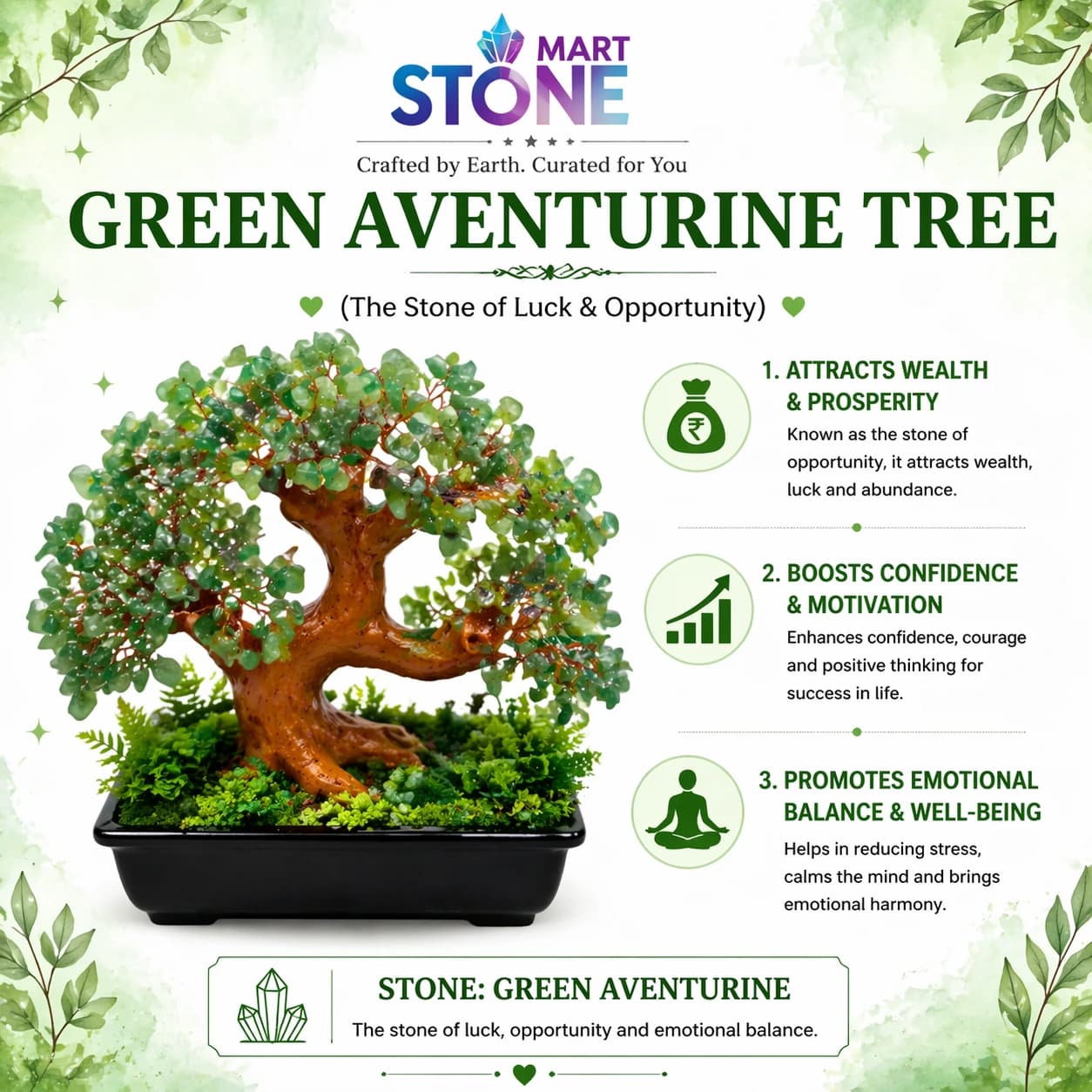 Natural Green Aventurine Crystal Tree – Stone of Luck & Opportunity | Handcrafted Feng Shui Bonsai Tree for Wealth, Confidence & Prosperity