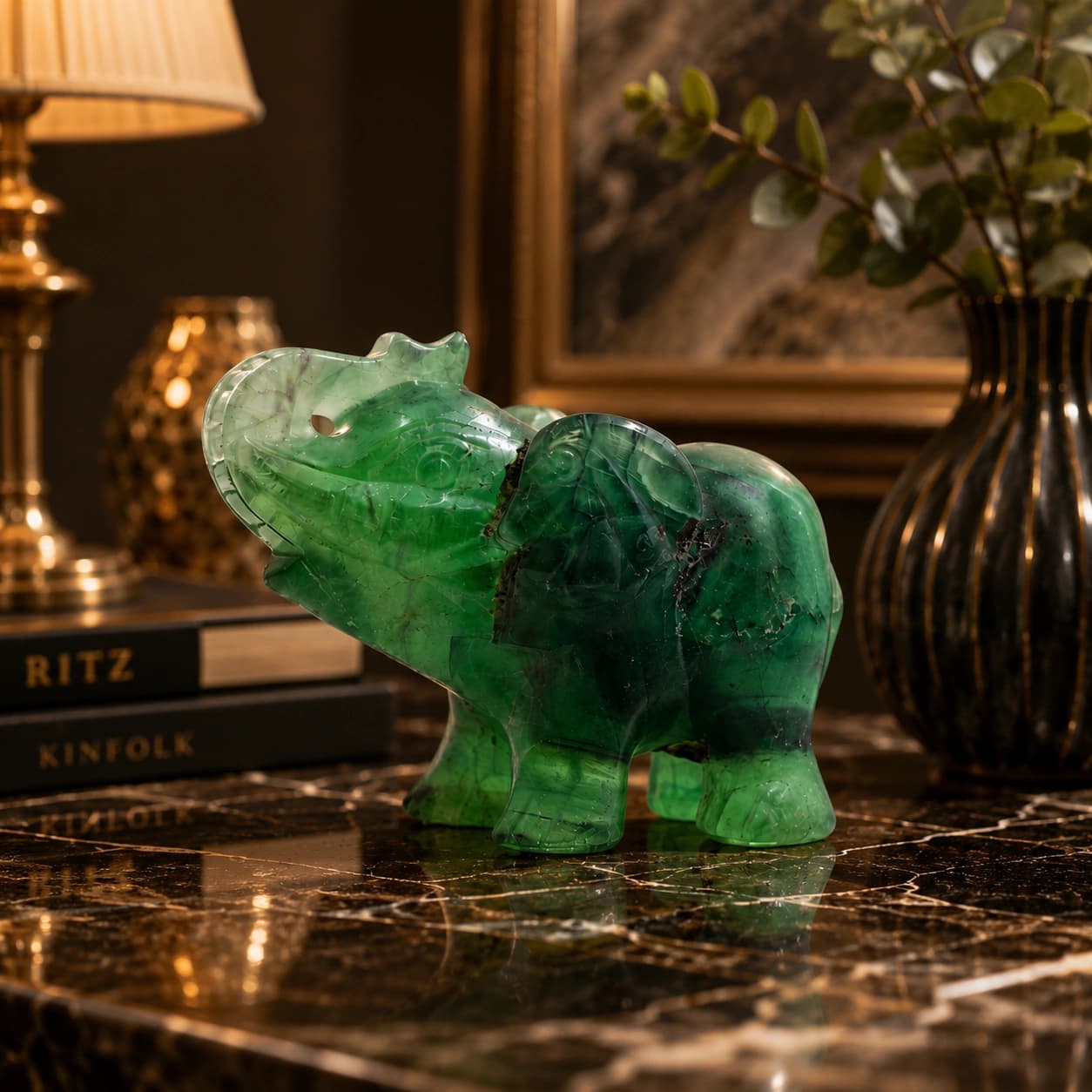 Natural Green Fluorite Elephant Figurine - Hand-Carved Crystal Elephant with Raised Trunk for Good Luck, Wisdom & Positive Energy | Vastu & Feng Shui Home Decor