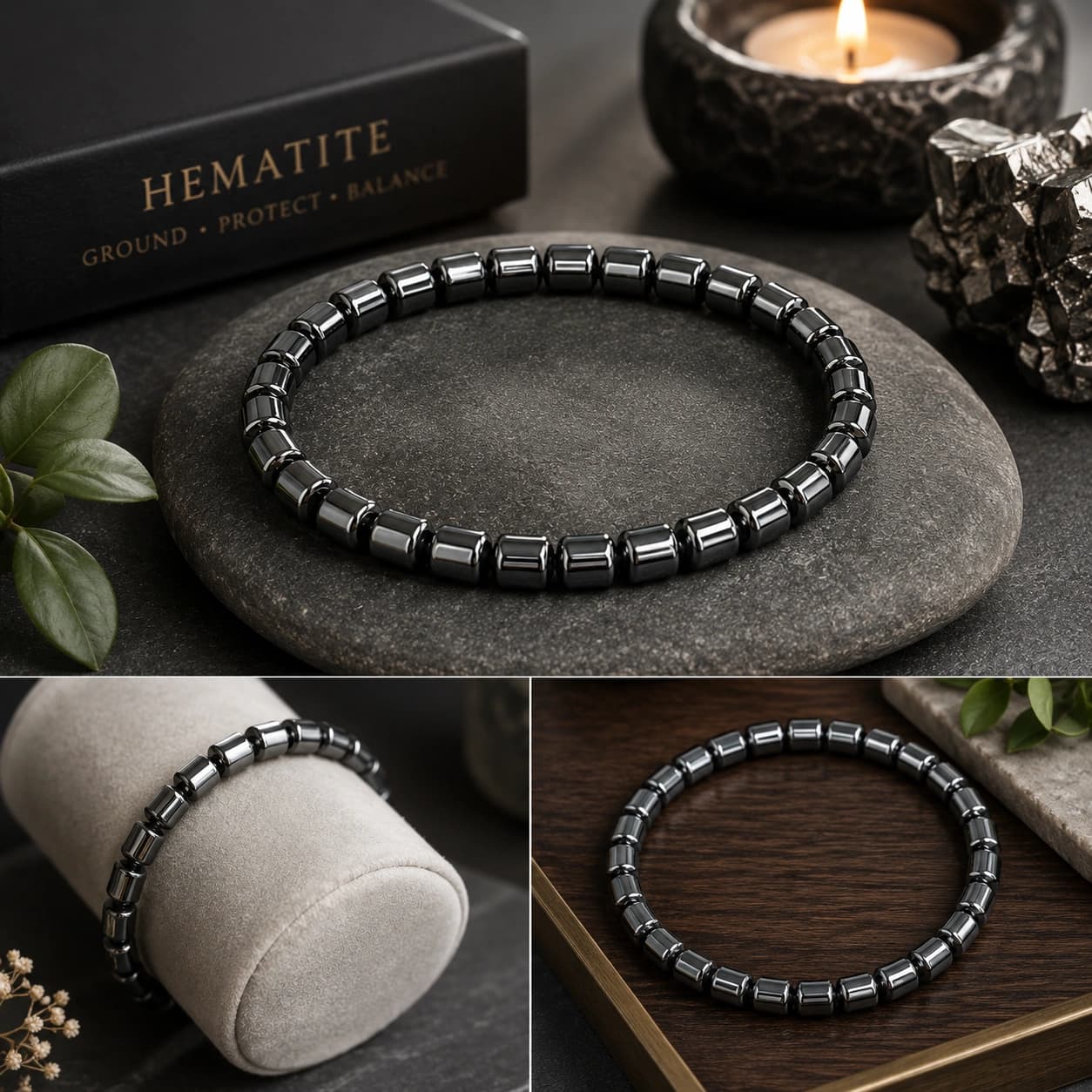 Natural Hematite Crystal Bracelet - 6mm Drum Bead Stretch Bracelet for Grounding, Protection, Focus & Emotional Balance | The 'Stone of the Mind' | Unisex Healing Crystal Jewellery