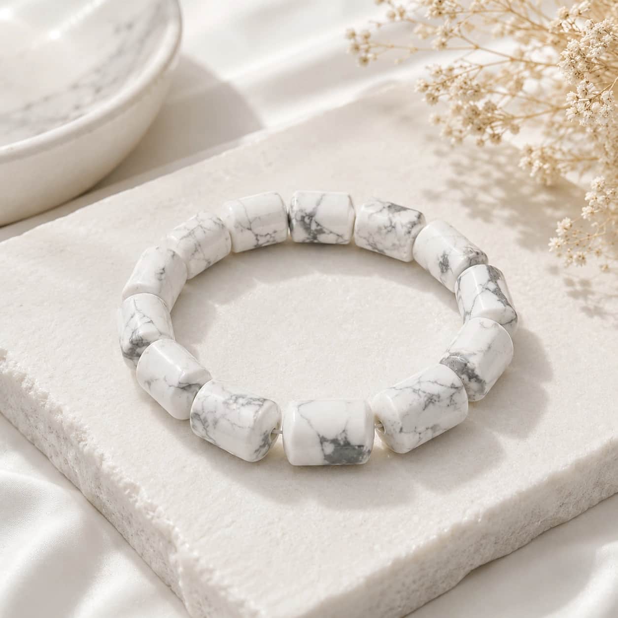 Natural Howlite Barrel Bead Bracelet – Faceted Tube Bead Stretch Bracelet for Calm, Awareness & Emotional Balance | The Calming Stone | Premium Natural Gemstone Jewellery 1