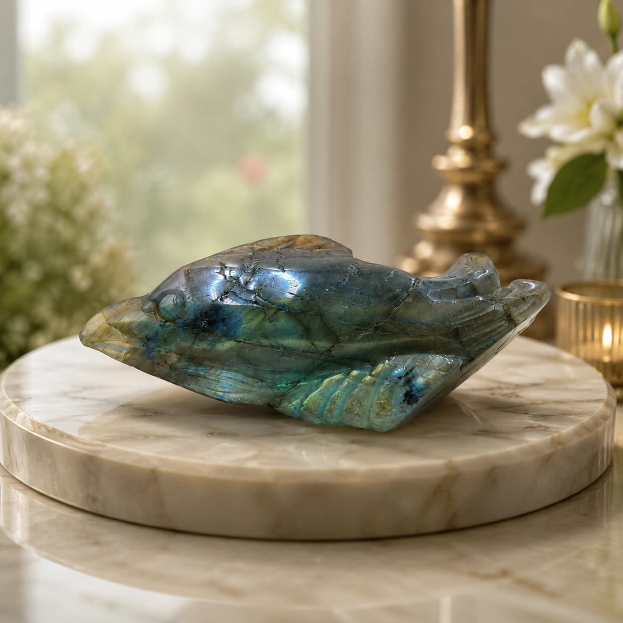 Natural Labradorite Fish Crystal Carving Handcrafted Decorative Sculpture
