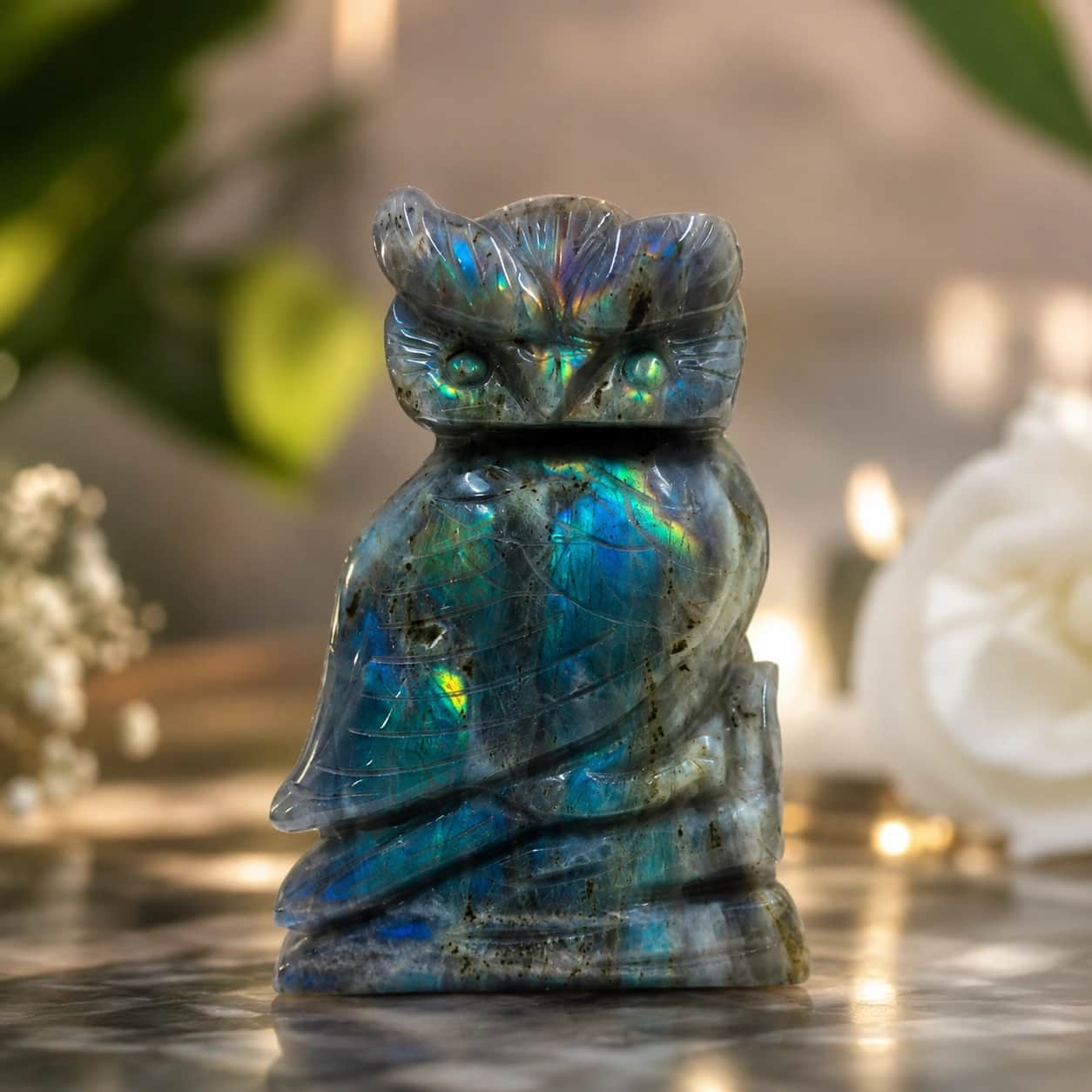 Natural Labradorite Owl Figurine - Handcrafted Crystal Decor 1