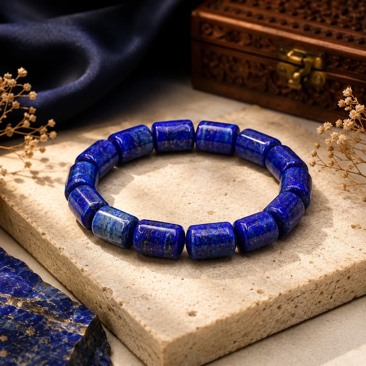 Natural Lapis Lazuli Tile Bracelet – Barrel Bead Stretch Bracelet for Wisdom, Truth & Inner Peace | Premium Healing Crystal Jewellery