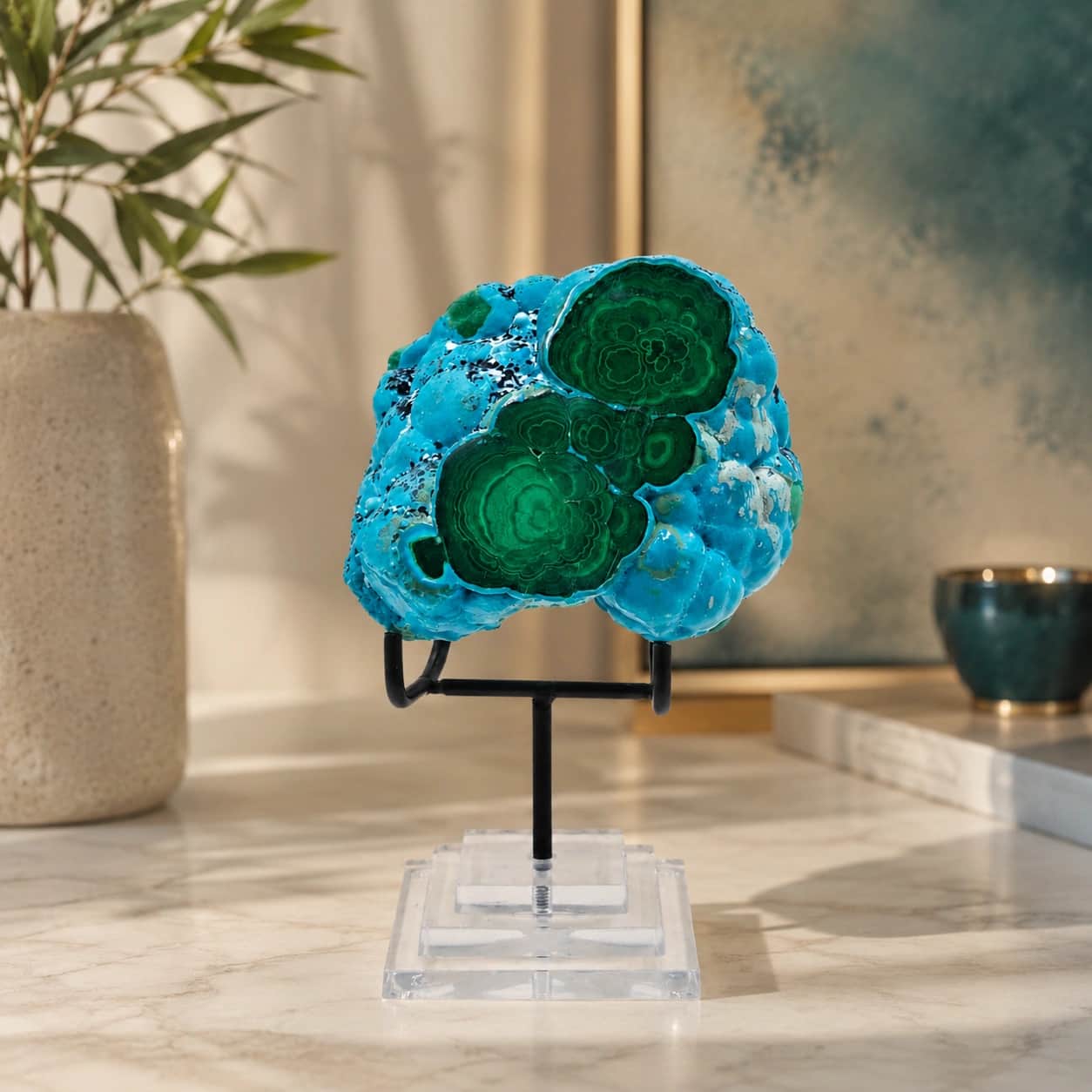 Natural Large Size Chrysocolla Malachite Decorative Stone on Stand, Large Size, 778 gm 1