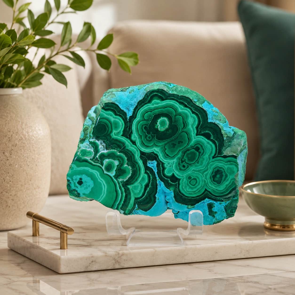 Natural Medium Size Chrysocolla Malachite Polished Slab on Acrylic Display Stand 1