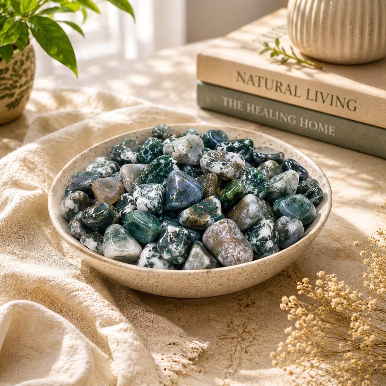 Natural Moss Agate Tumbled Stones | Polished Green Agate Healing Crystal | 250 GM, 500 GM & 1 KG 1
