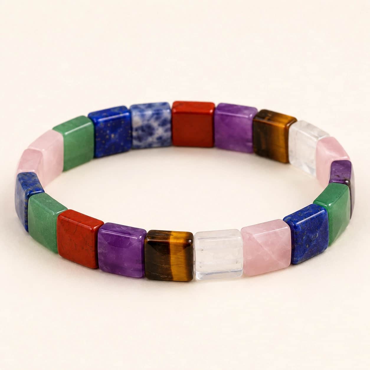 Natural Multi Stone Healing Bracelet – 7 Gemstone Flat Square Tile Bead Stretch Bracelet | Balance, Protection & Positive Energy | Green Aventurine, Lapis Lazuli, Sodalite, Red Jasper, Amethyst, Tiger Eye, Crystal & Rose Quartz 2