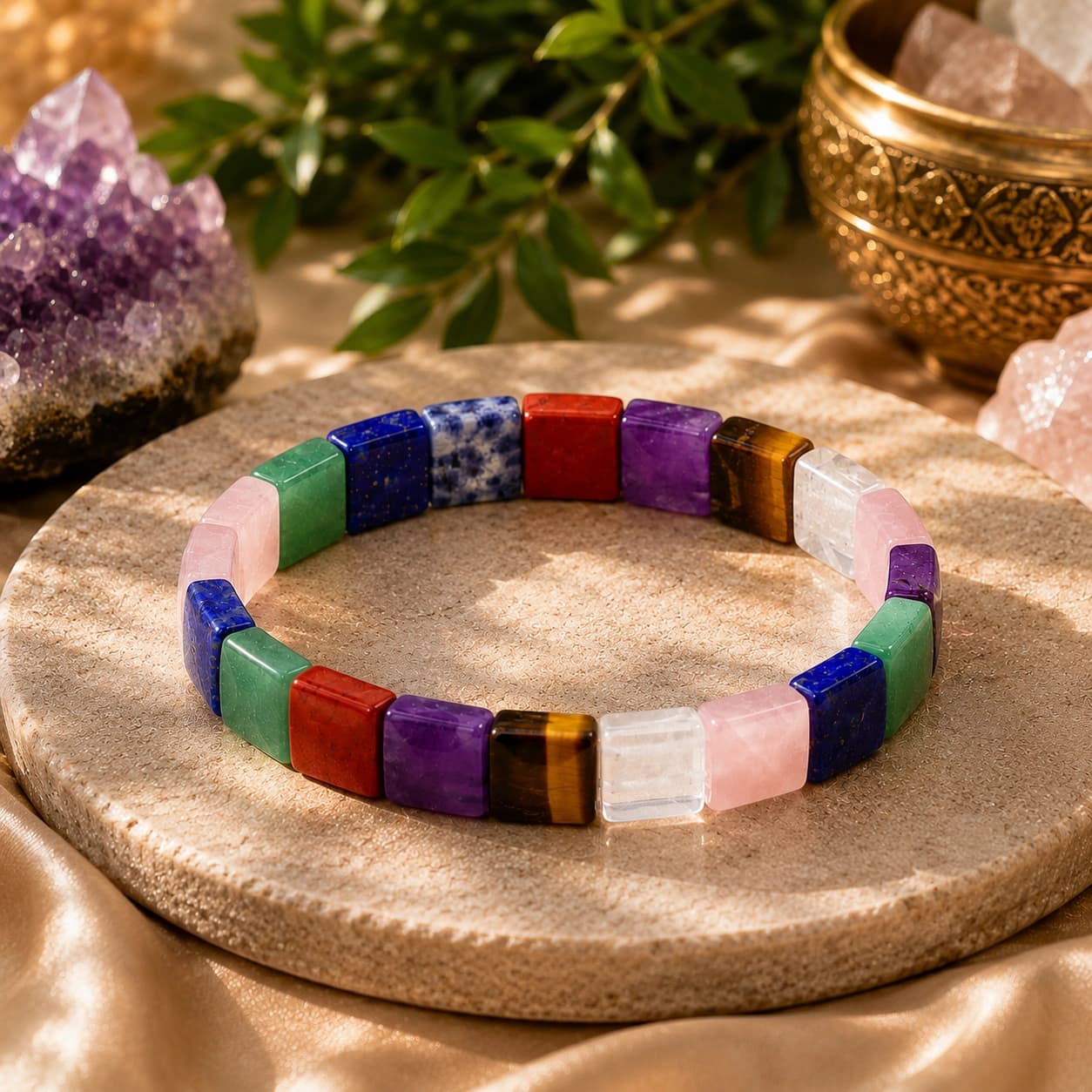 Natural Multi Stone Healing Bracelet – 7 Gemstone Flat Square Tile Bead Stretch Bracelet | Balance, Protection & Positive Energy | Green Aventurine, Lapis Lazuli, Sodalite, Red Jasper, Amethyst, Tiger Eye, Crystal & Rose Quartz