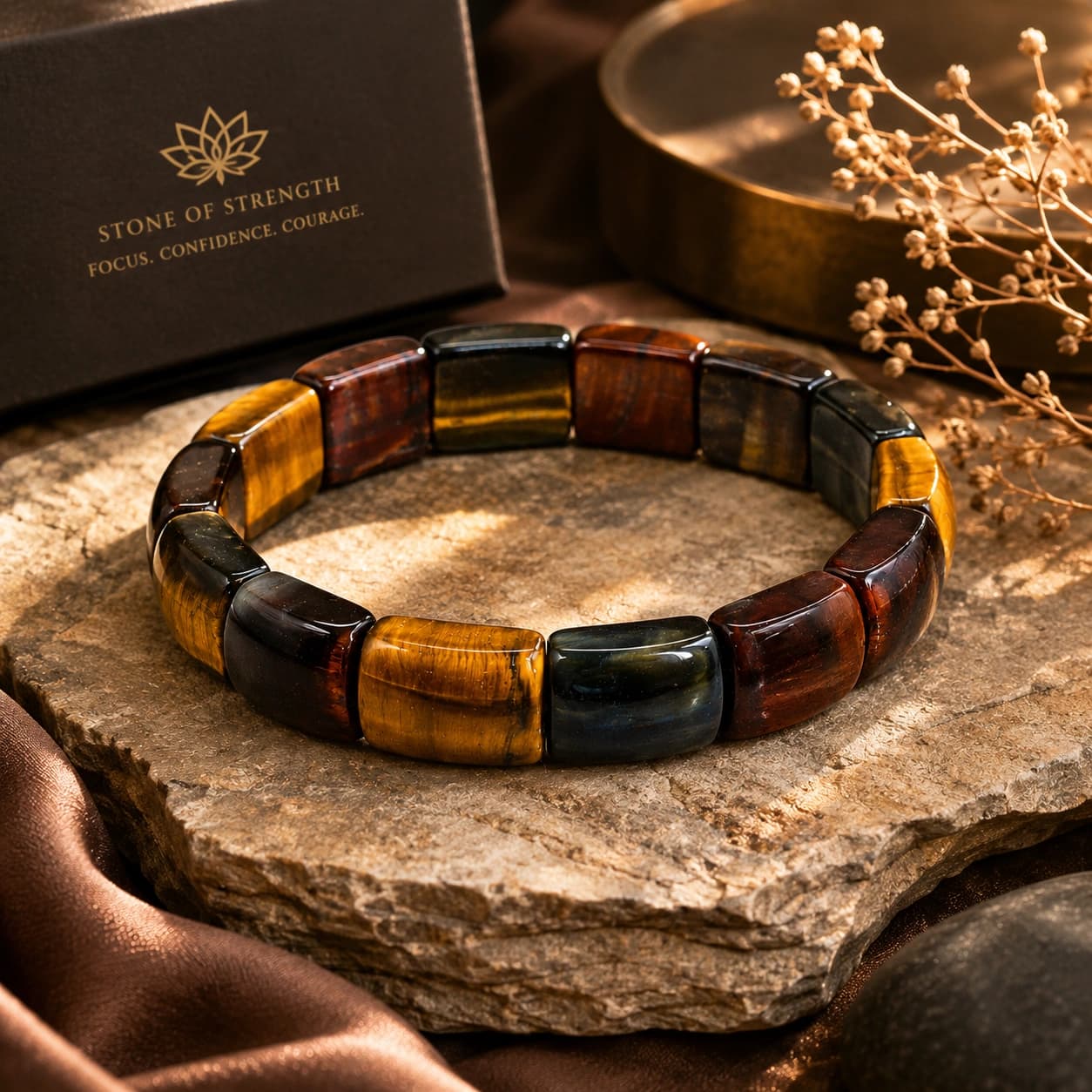 Natural Multi Tiger Eye Bracelet - Flat Tile Bead Stretch Bracelet for Strength, Focus & Protection | Golden, Red & Blue Tiger Eye | Premium Natural Gemstone Jewellery