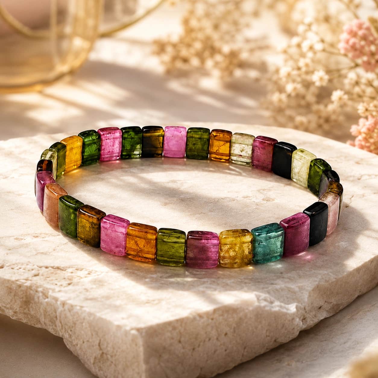 Natural Multi Tourmaline Bracelet | Premium 8mm Rectangular Crystal Beads 1