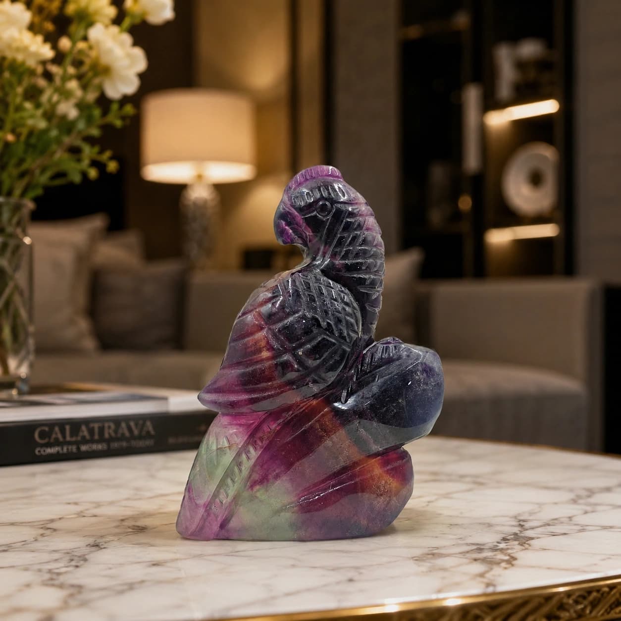 Natural Multicolor Fluorite Bird Figurine – Hand-Carved Electric Glowing Crystal Home Décor