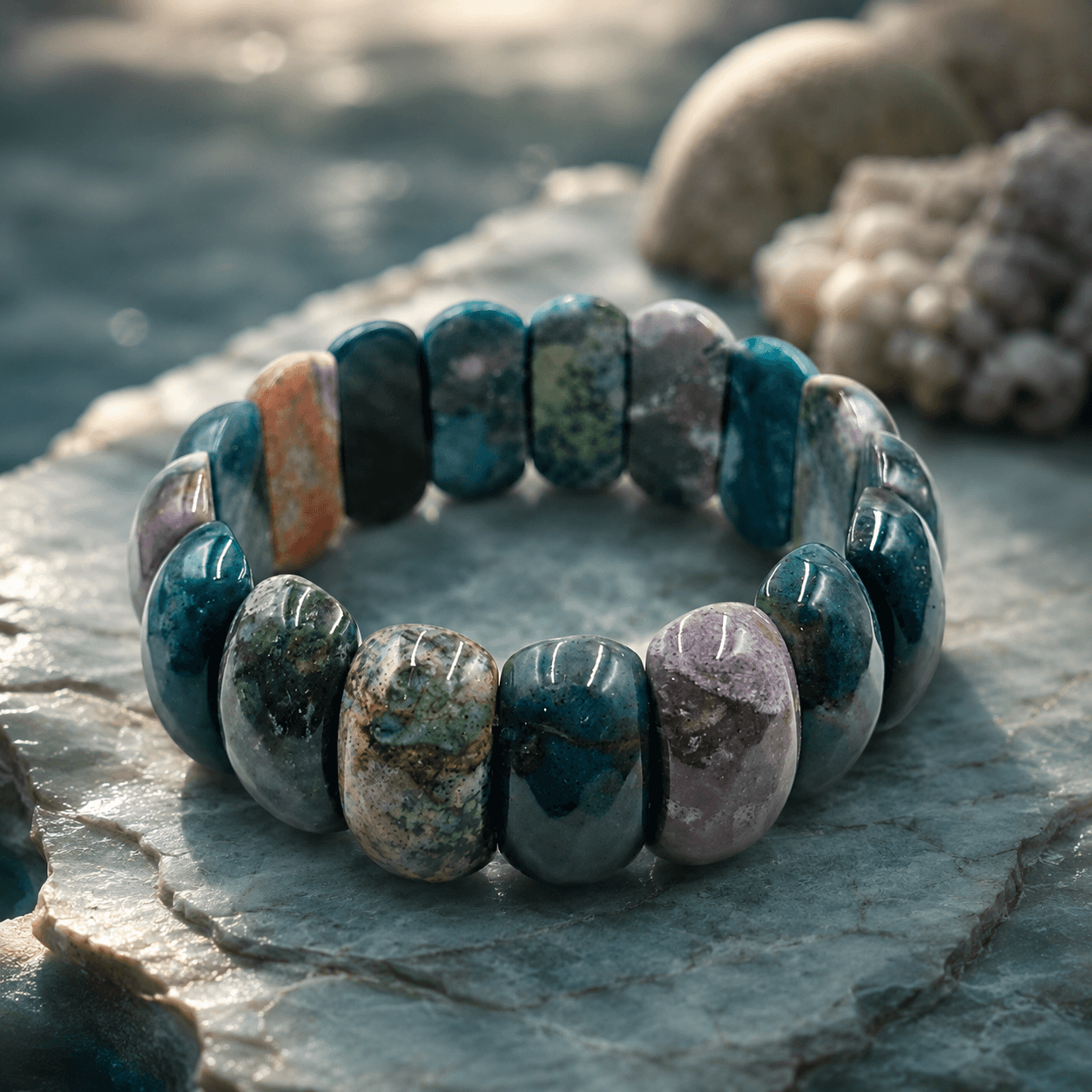 Natural Ocean Jasper Stretchable Bracelet with 17 Polished Rounded Rectangular Beads 1
