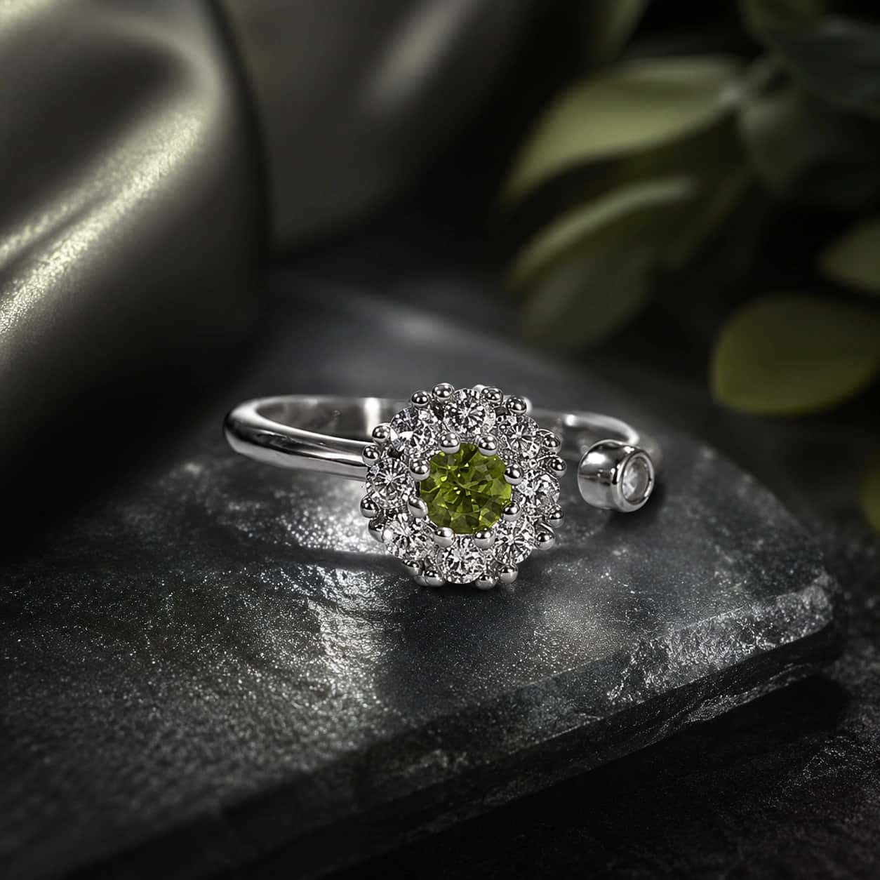 Natural Peridot Halo Ring – Sterling Silver Tone Adjustable Ring for Women 1