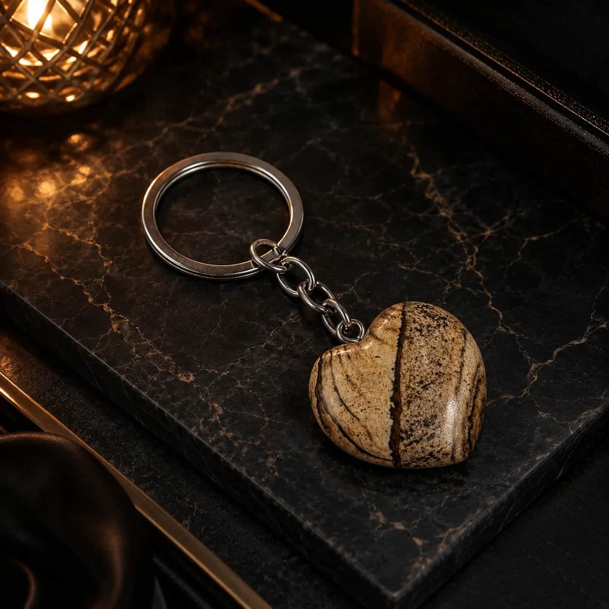 Natural Picture Jasper Heart Keychain with Durable Metal Ring & Chain 1