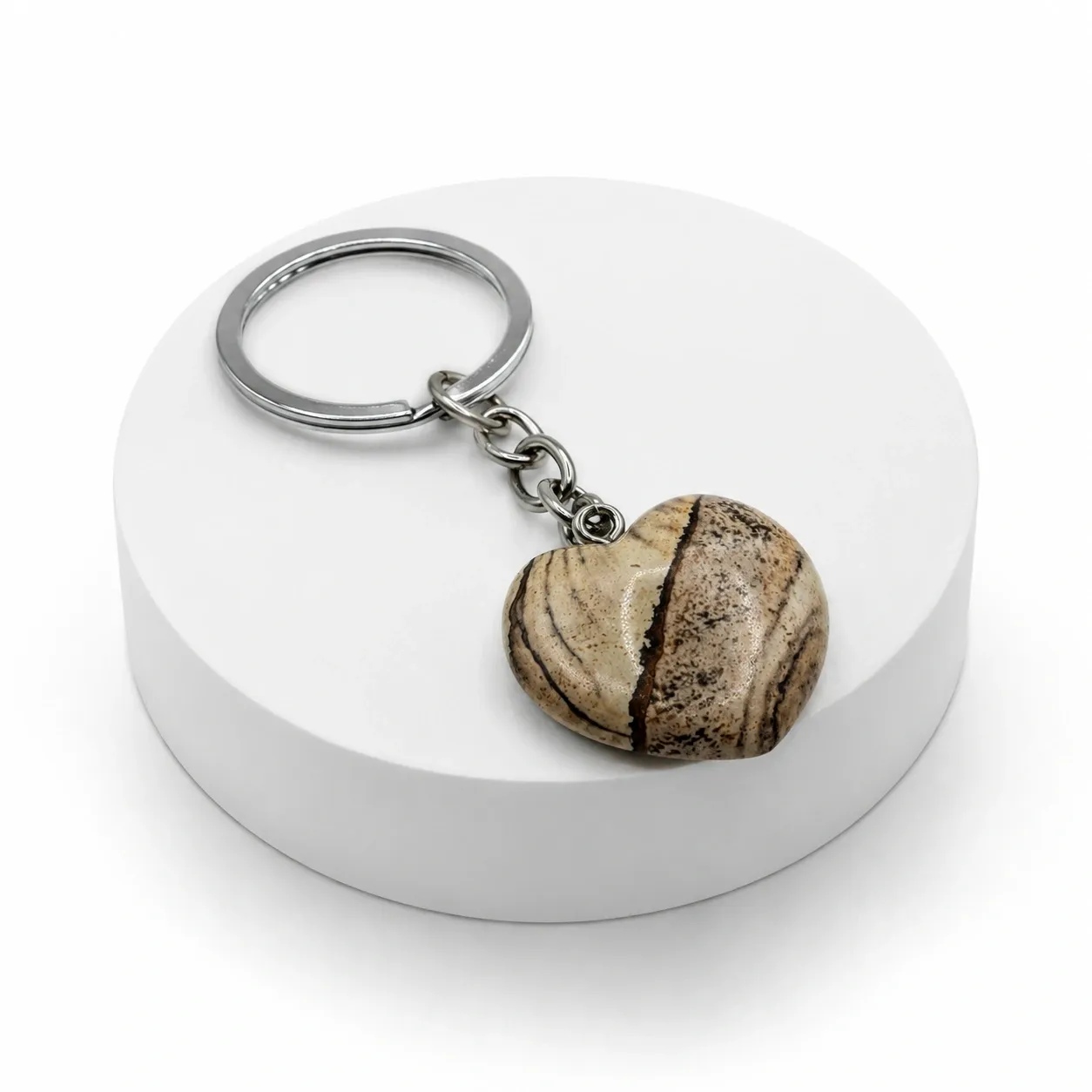 Natural Picture Jasper Heart Keychain with Durable Metal Ring & Chain 2