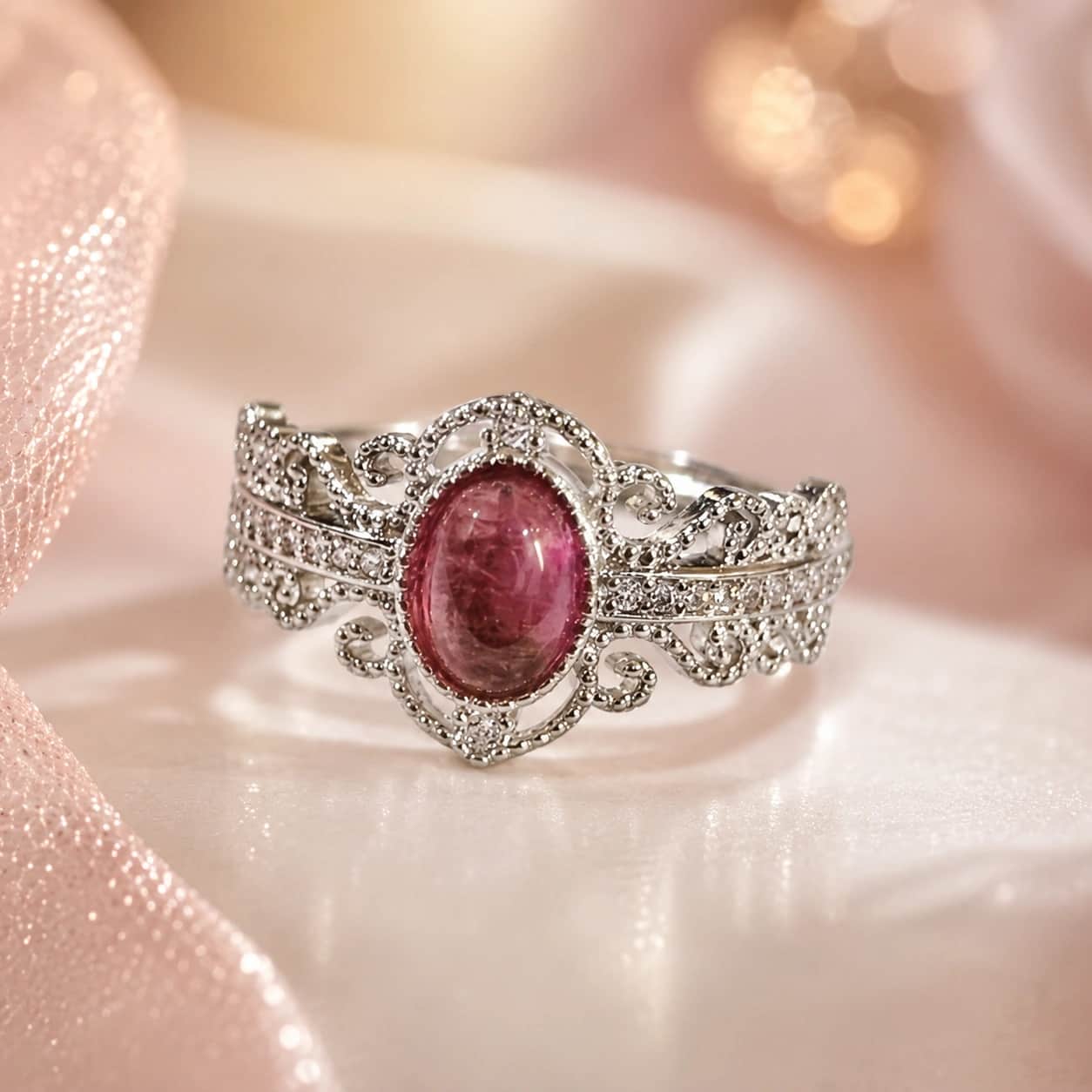 Natural Pink Tourmaline Filigree Ring – Vintage Silver-Tone Statement Ring for Women 1