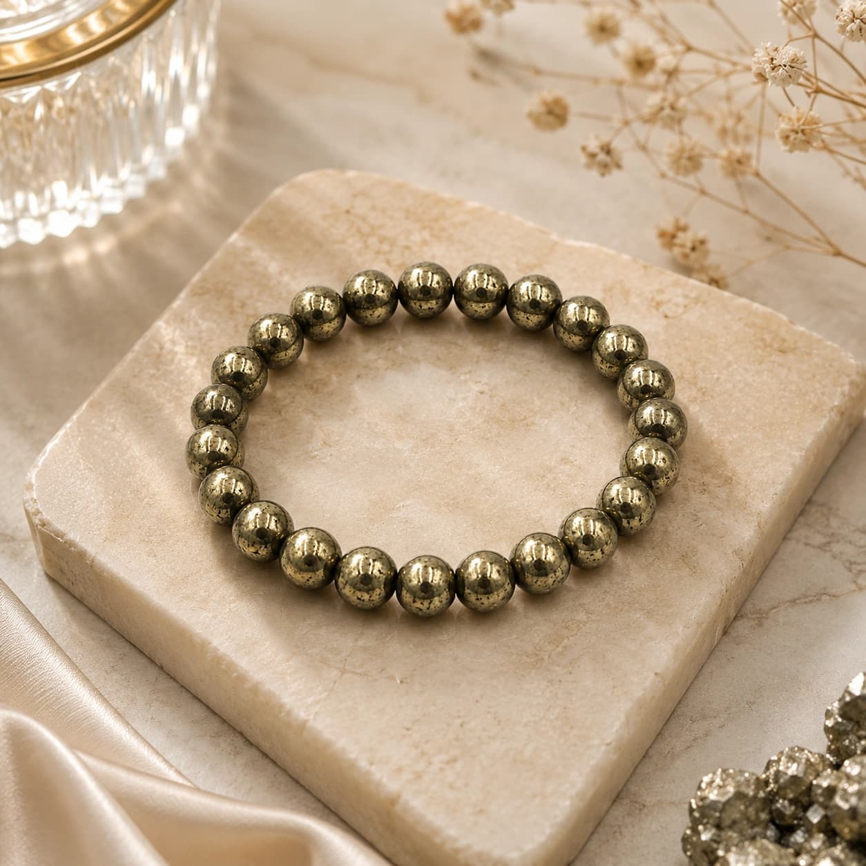 Natural Pyrite Crystal Bracelet - 8mm Round Bead Stretch Bracelet for Wealth, Abundance, Protection & Confidence | The 'Fool's Gold' Money Stone | Unisex Healing Crystal Jewellery