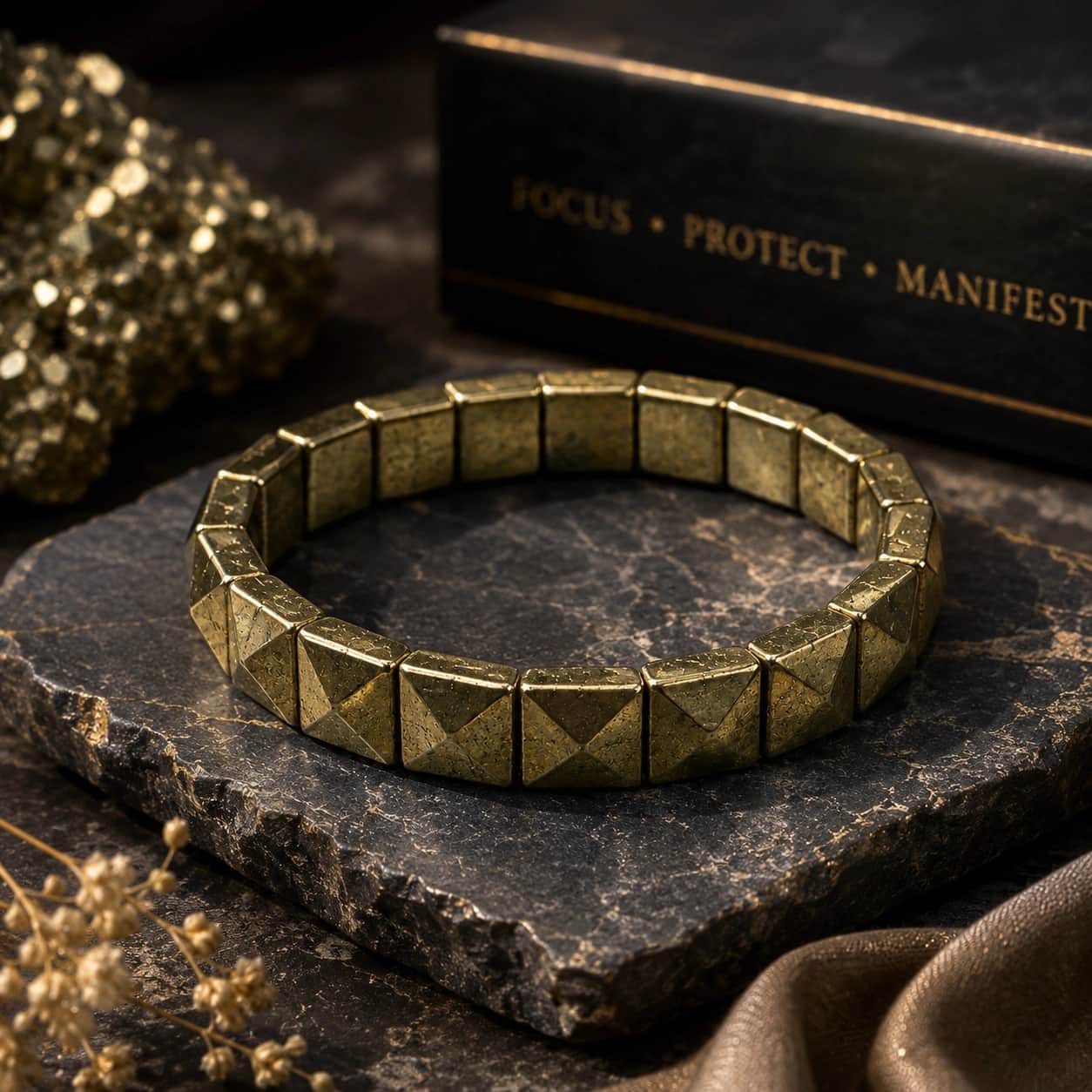Natural Pyrite Faceted Tile Bracelet – Pyramid-Cut Square Bead Stretch Bracelet for Focus, Protection & Manifestation | Fool's Gold Crystal | Premium Natural Gemstone Jewellery 1