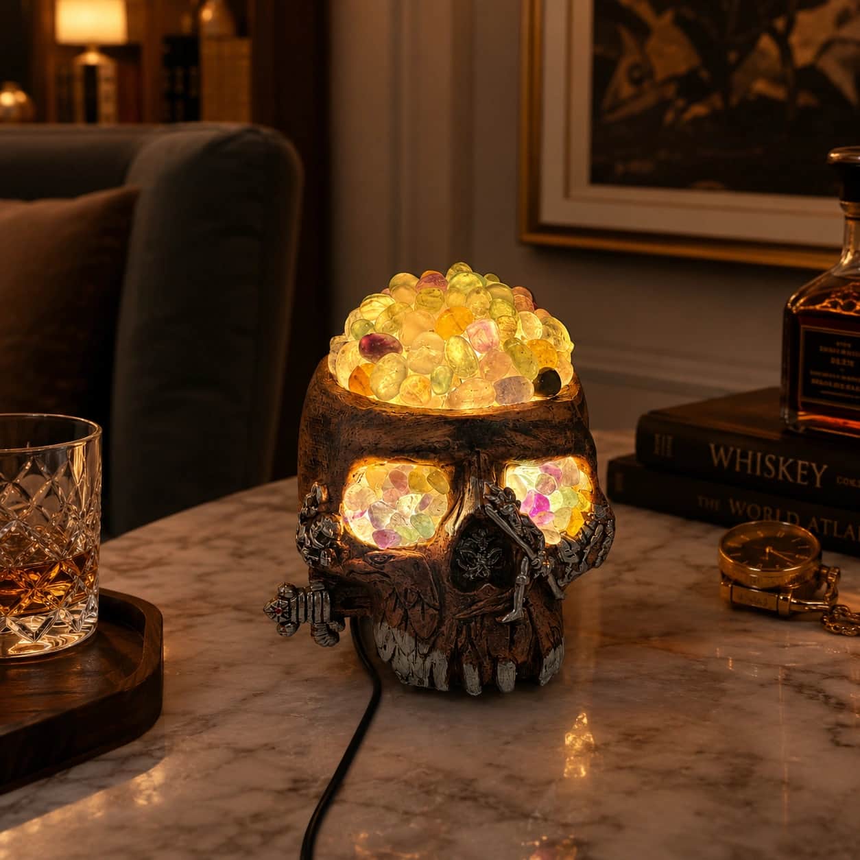 Natural Rainbow Fluorite Crystal Skull LED Lamp | Handcrafted Gothic Luxury Home Decor Accent 1