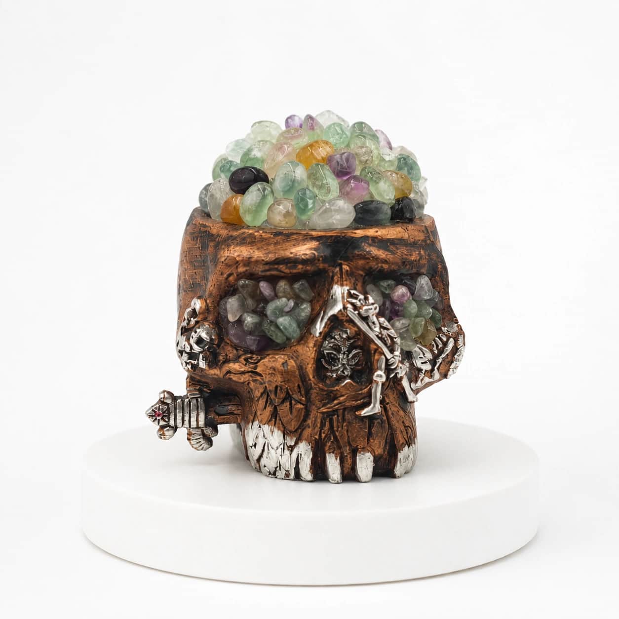 Natural Rainbow Fluorite Crystal Skull LED Lamp | Handcrafted Gothic Luxury Home Decor Accent 2