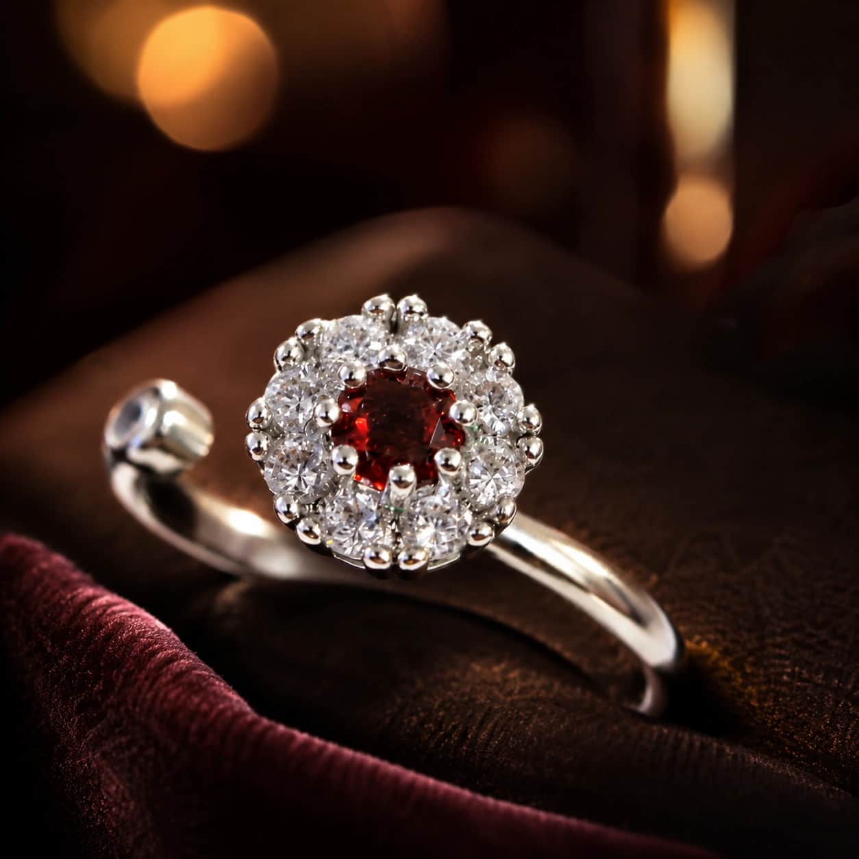 Natural Red Garnet Halo Ring | Adjustable Silver Tone Crystal Ring 1