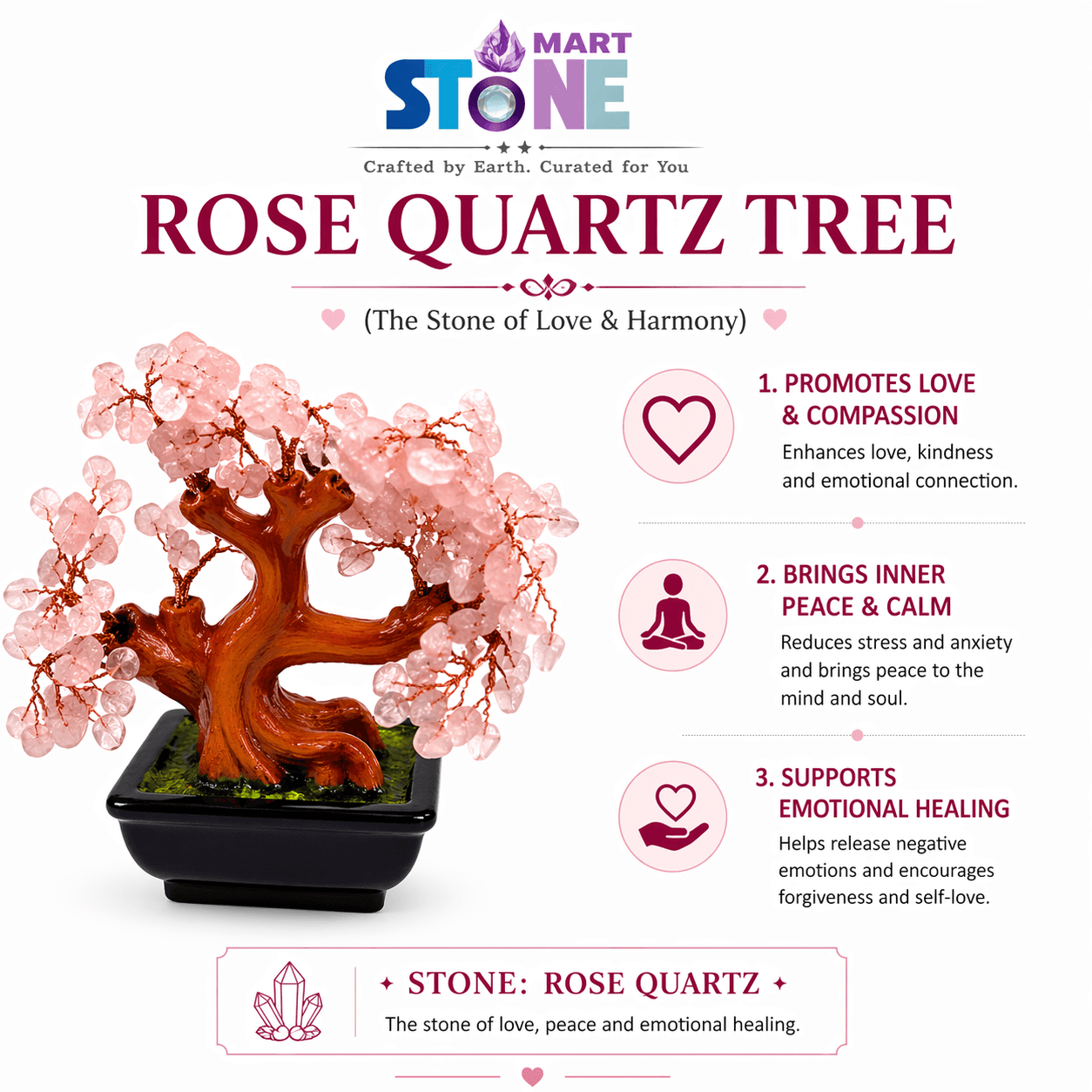 Natural Rose Quartz Crystal Tree – Stone of Love & Harmony | Handcrafted Feng Shui Bonsai Tree for Home Décor, Healing & Positive Energy 1