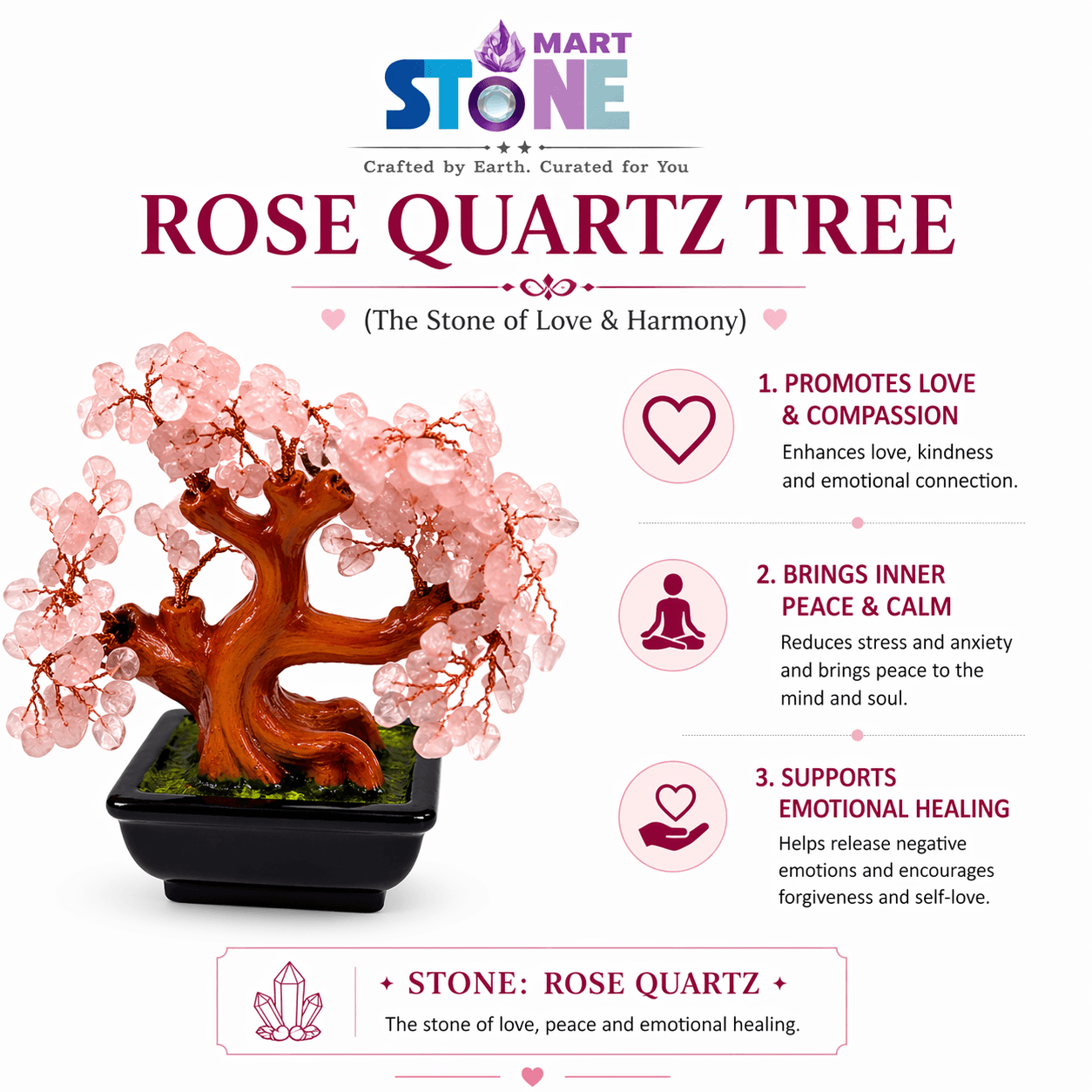 Natural Rose Quartz Crystal Tree – Stone of Love & Harmony | Handcrafted Feng Shui Bonsai Tree for Home Décor, Healing & Positive Energy