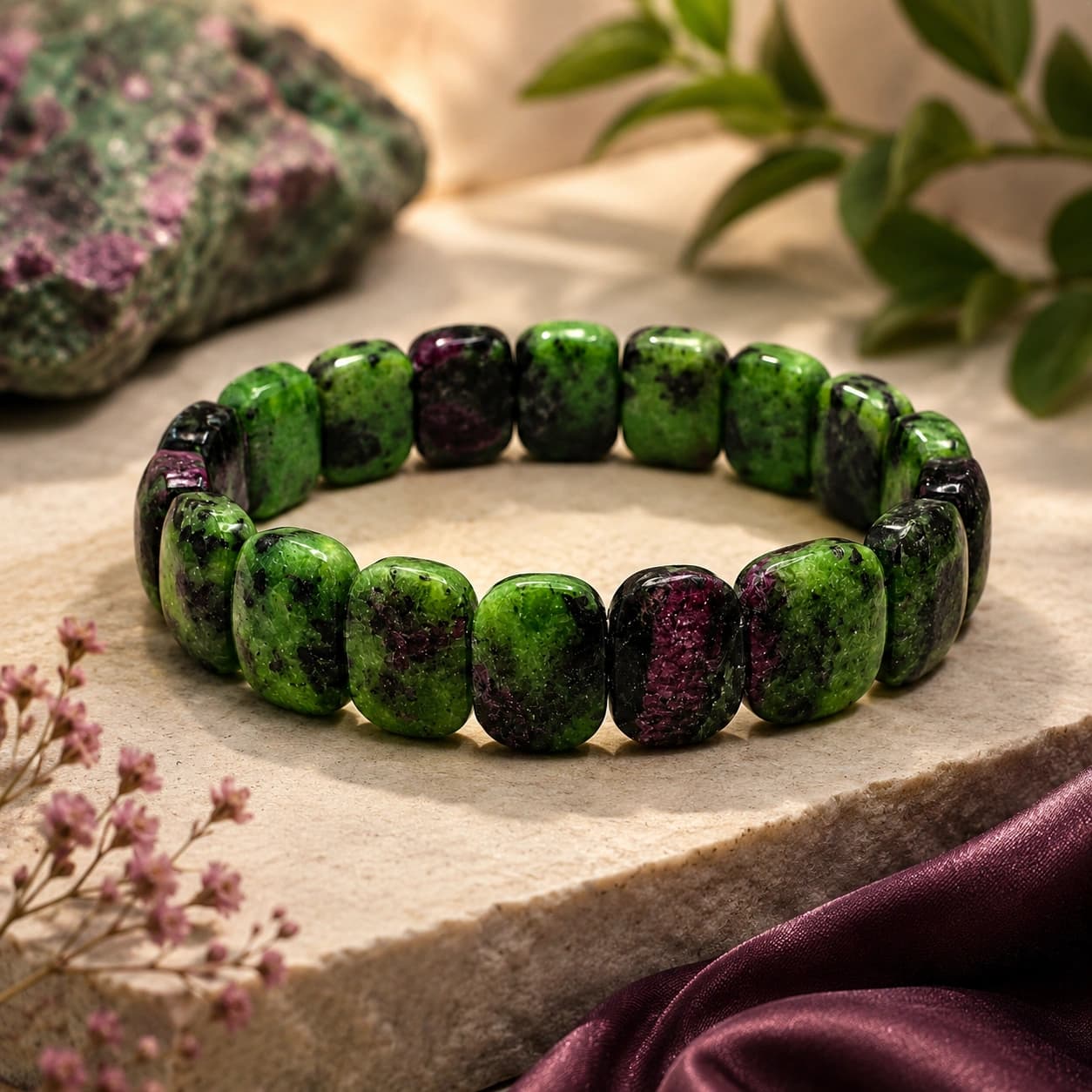 Natural Ruby Zoisite (Anyolite) Bracelet - Tile Bead Stretch Bracelet for Passion, Growth, Vitality & Emotional Balance | Premium Healing Crystal Jewellery | Unisex | 16 Beads / 11-12 mm