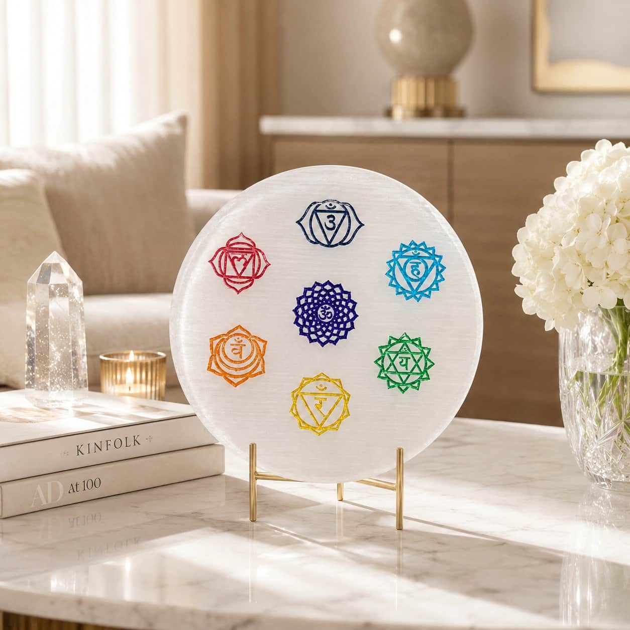 Natural Selenite 7 Chakra Plate with Engraved Chakra Symbols – Round Crystal Decor Disc, 8 cm, 90 g 1