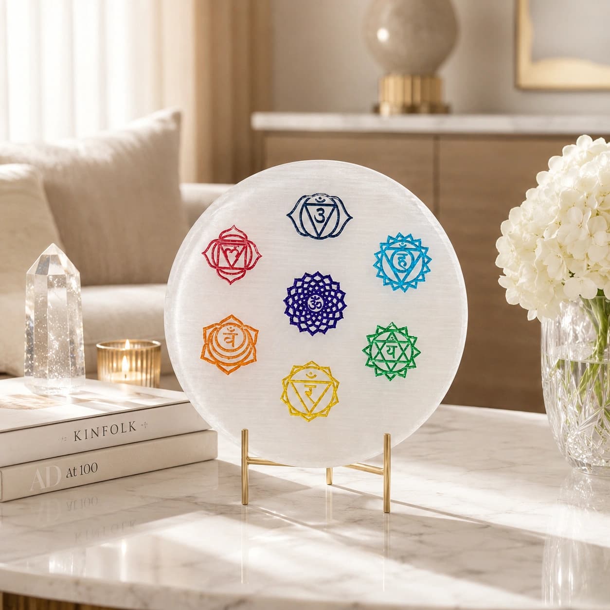 Natural Selenite 7 Chakra Plate with Engraved Chakra Symbols – Round Crystal Decor Disc, 8 cm, 90 g