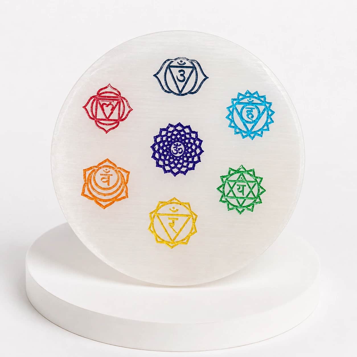 Natural Selenite 7 Chakra Plate with Engraved Chakra Symbols – Round Crystal Decor Disc, 8 cm, 90 g 2