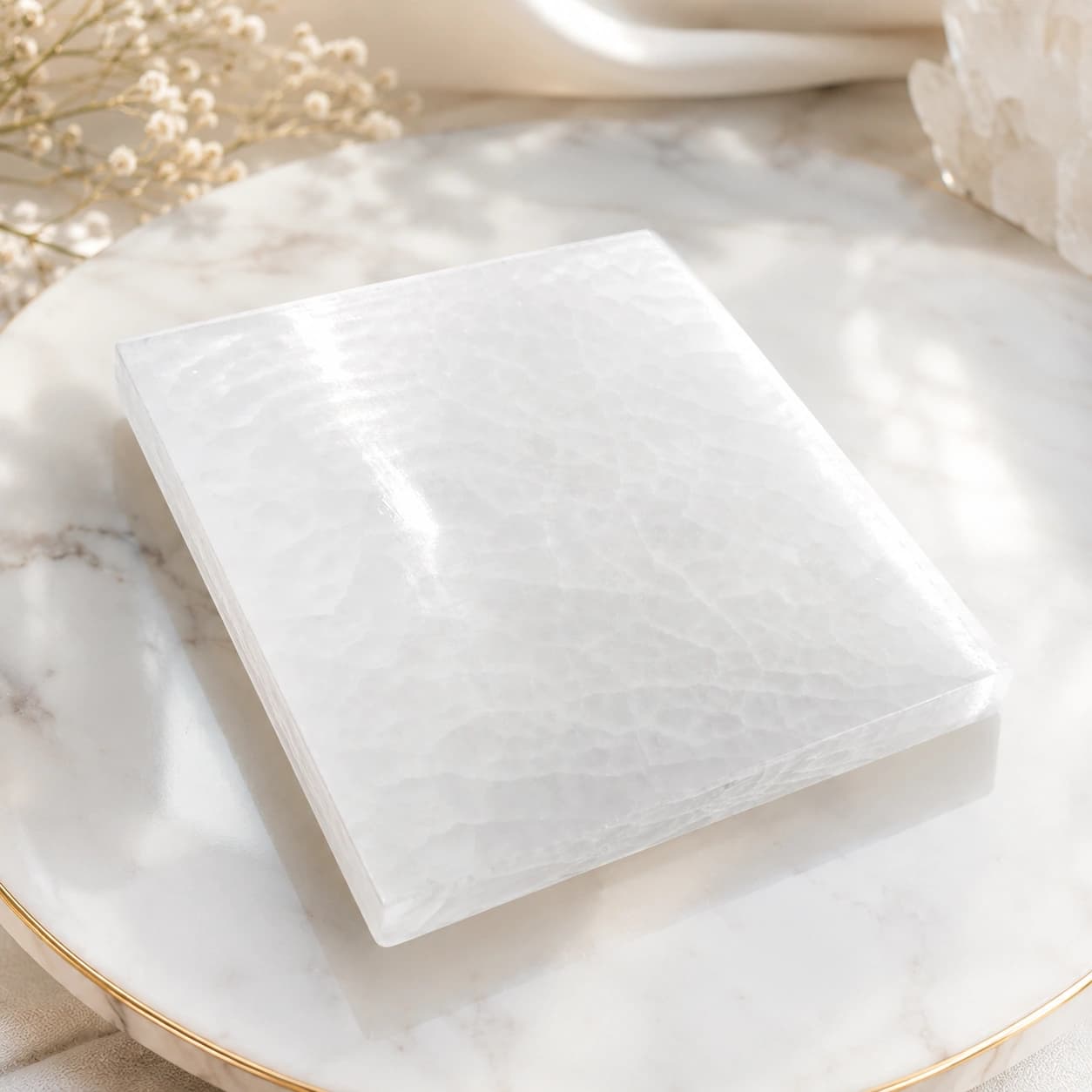 Natural Selenite Plate | Square Polished Crystal Charging Plate for Home Decor, Meditation & Crystal Display | 15 x 15 cm