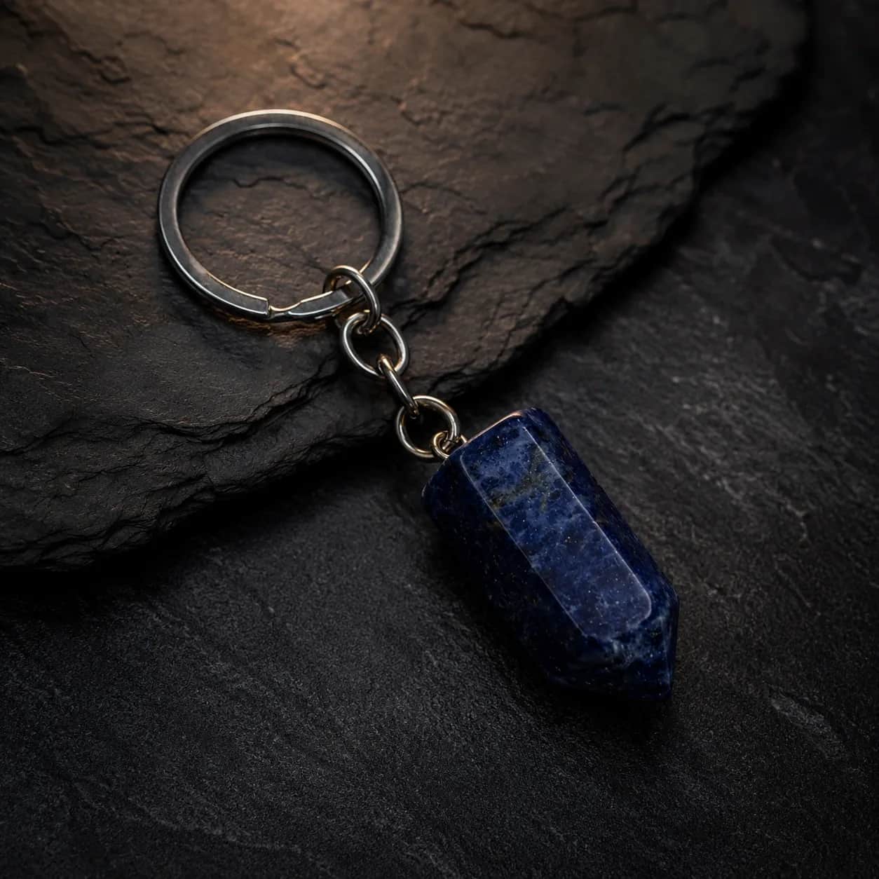 Natural Sodalite Crystal Point Keychain - Deep Blue Polished Stone Key Ring 1